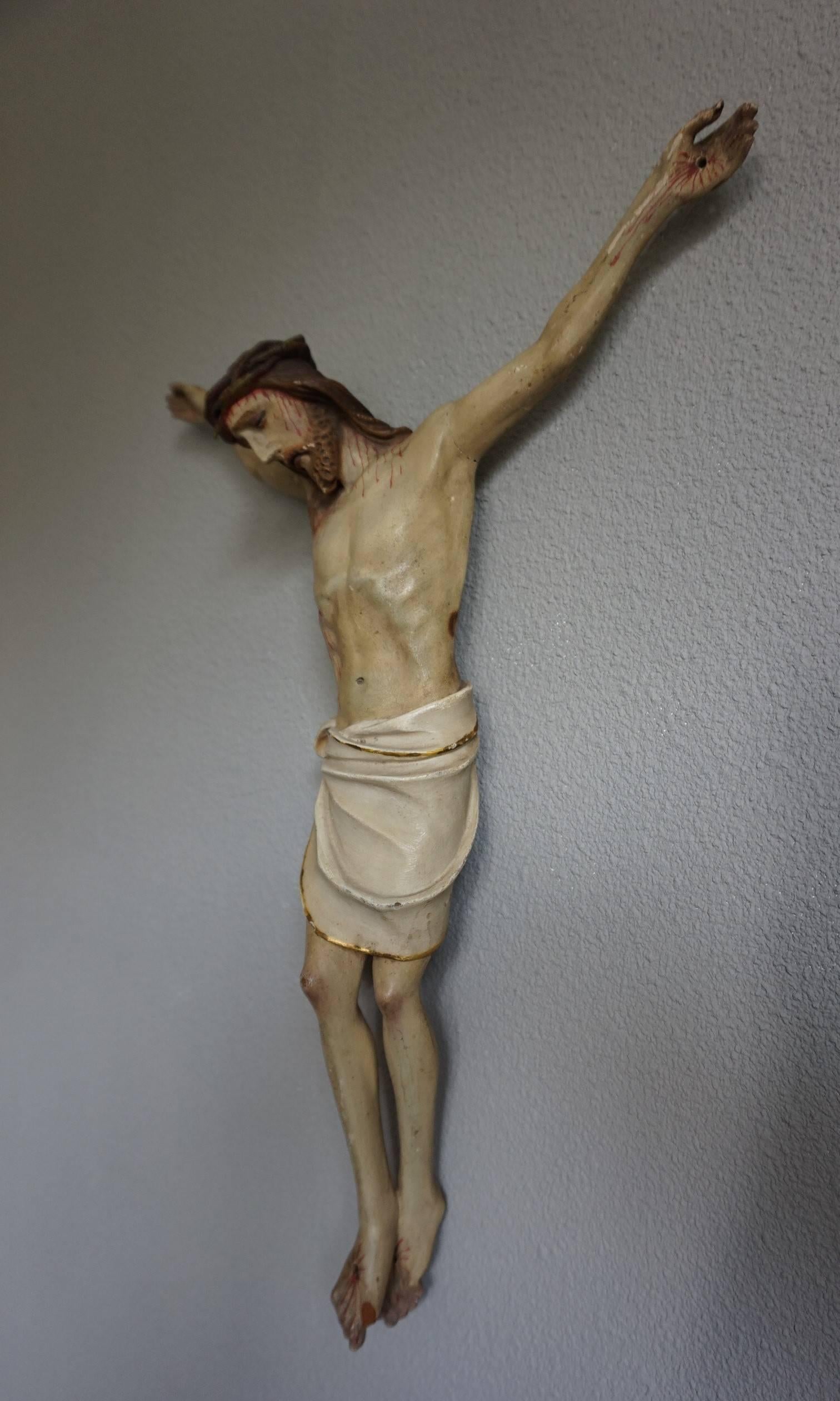 Suffering Christ Sculpture Antique & Originally Hand-Painted Corpus 1890-1910 In Good Condition For Sale In Lisse, NL