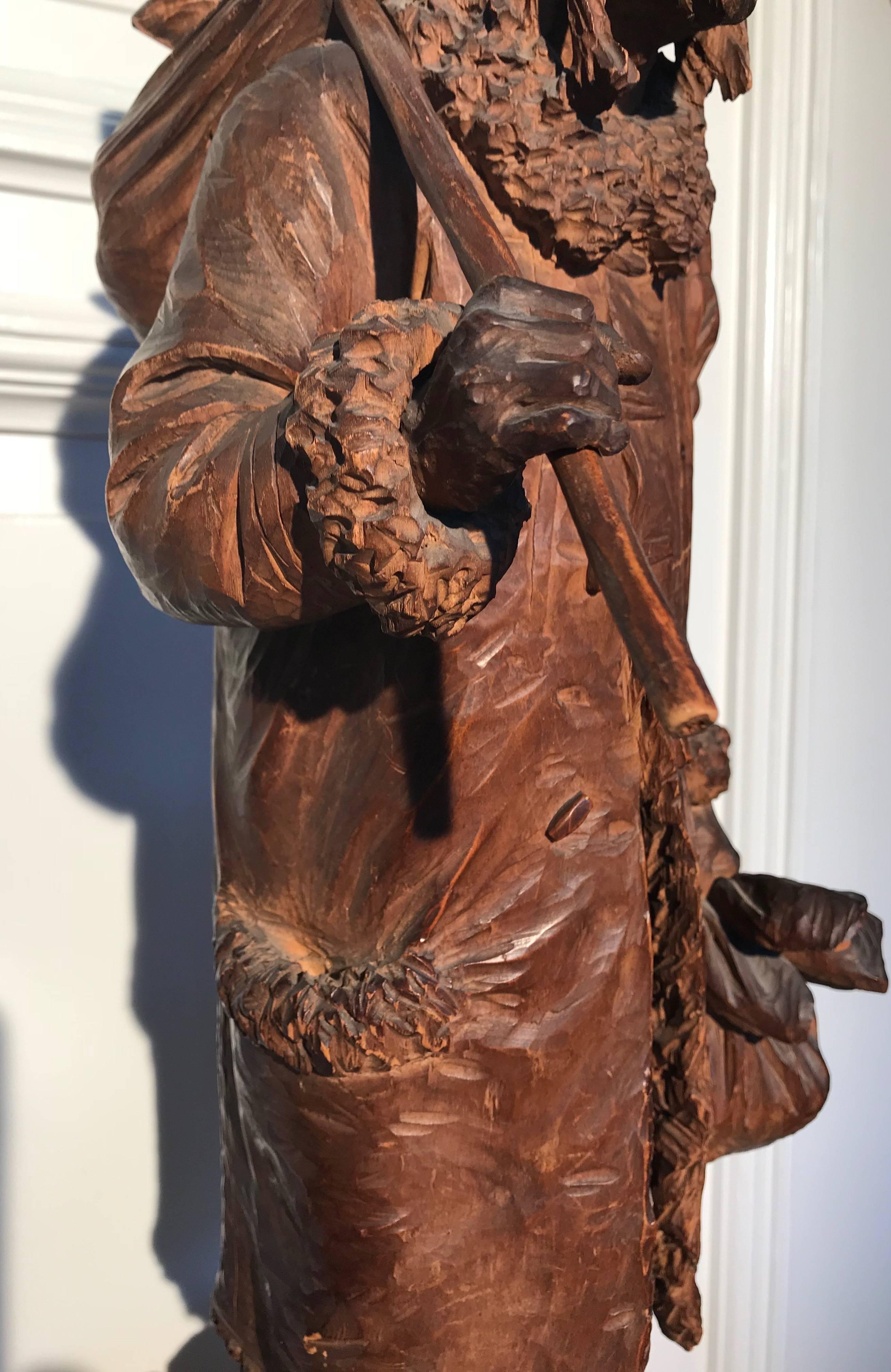 Antique & Amazing Quality Hand Carved Wood Sculpture / Pilgrim Traveler Statue For Sale 1
