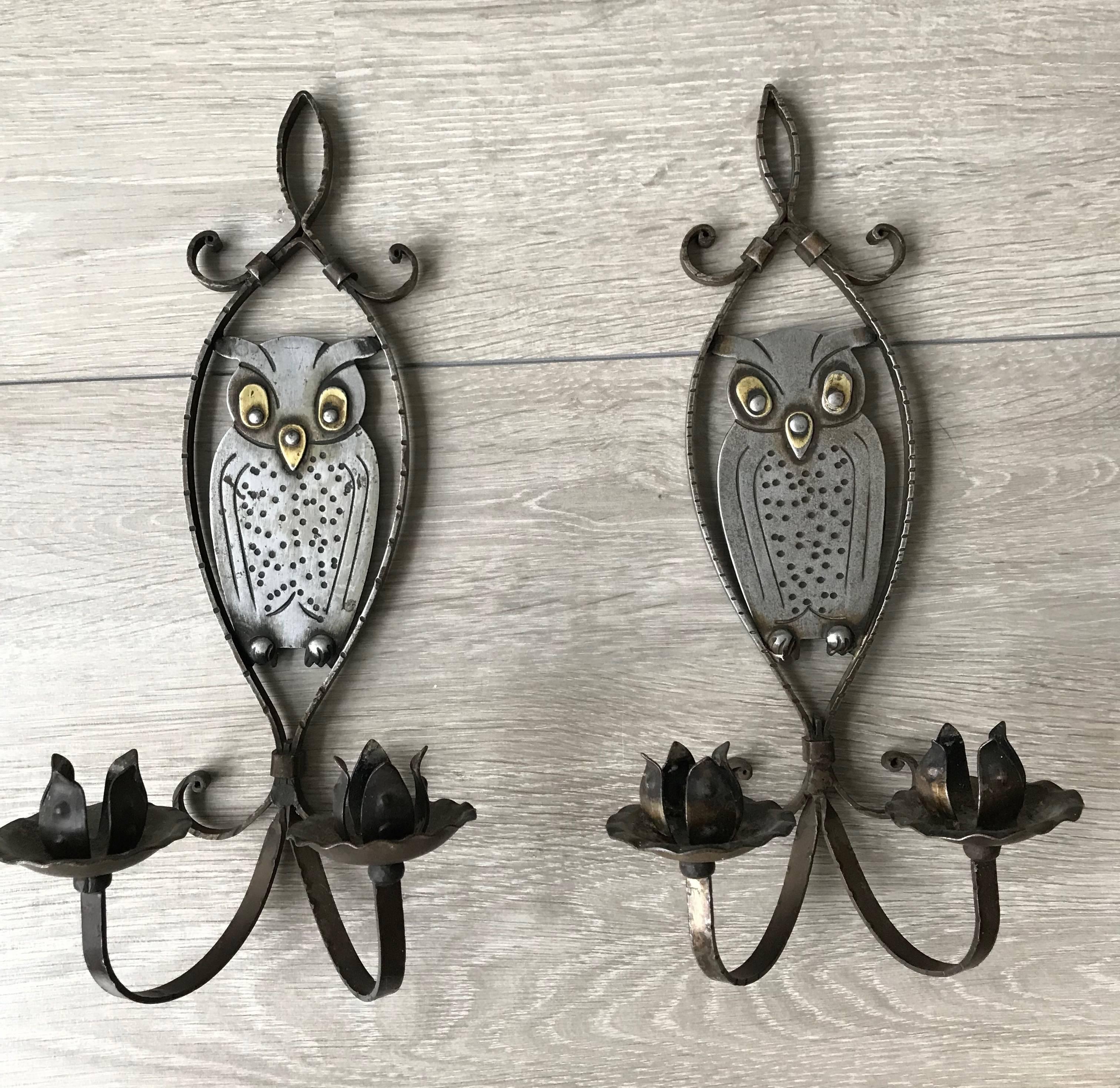 Pair of Handcrafted Arts & Crafts Owl Candle Light Sconces by Hugo Berger Goberg In Good Condition In Lisse, NL