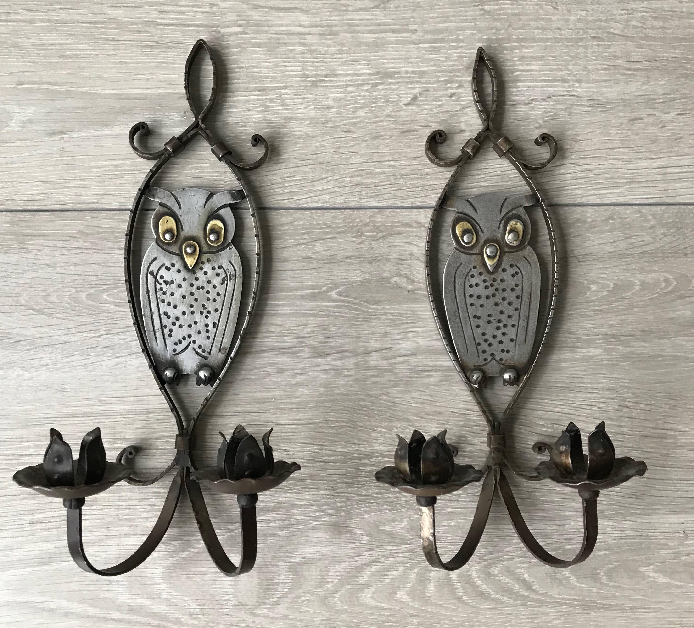 20th Century Pair of Handcrafted Arts & Crafts Owl Candle Light Sconces by Hugo Berger Goberg