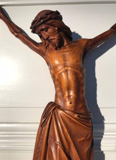 Early 1900s Finest Handcarved Wood Corpus of Christ Sculpture for Wall Mounting