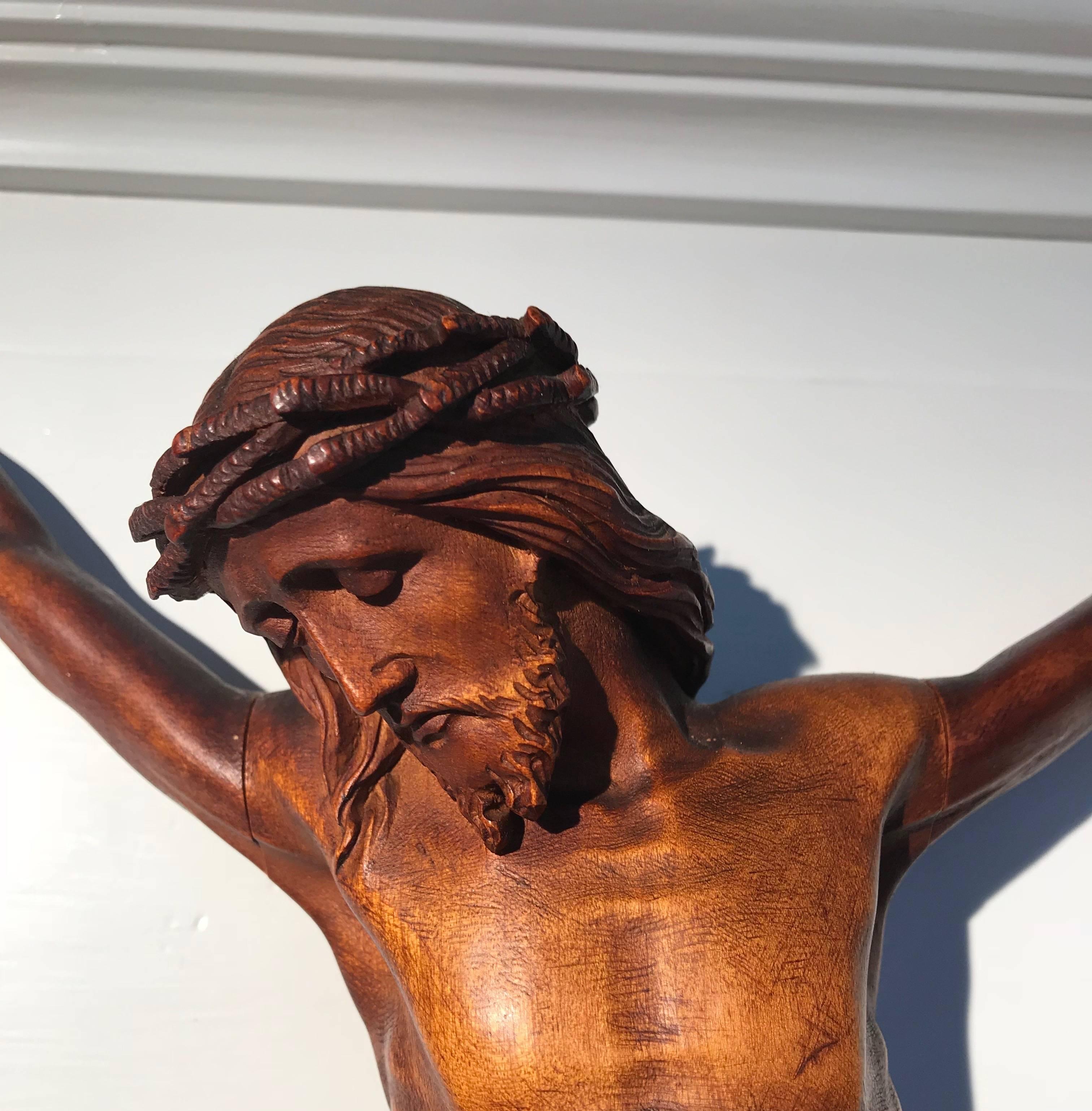 French Early 1900s Finest Handcarved Wood Corpus of Christ Sculpture for Wall Mounting