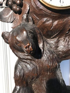 Sizable Antique & Hand-Carved Black Forest Wooden Adult Bear and Cub Table Clock