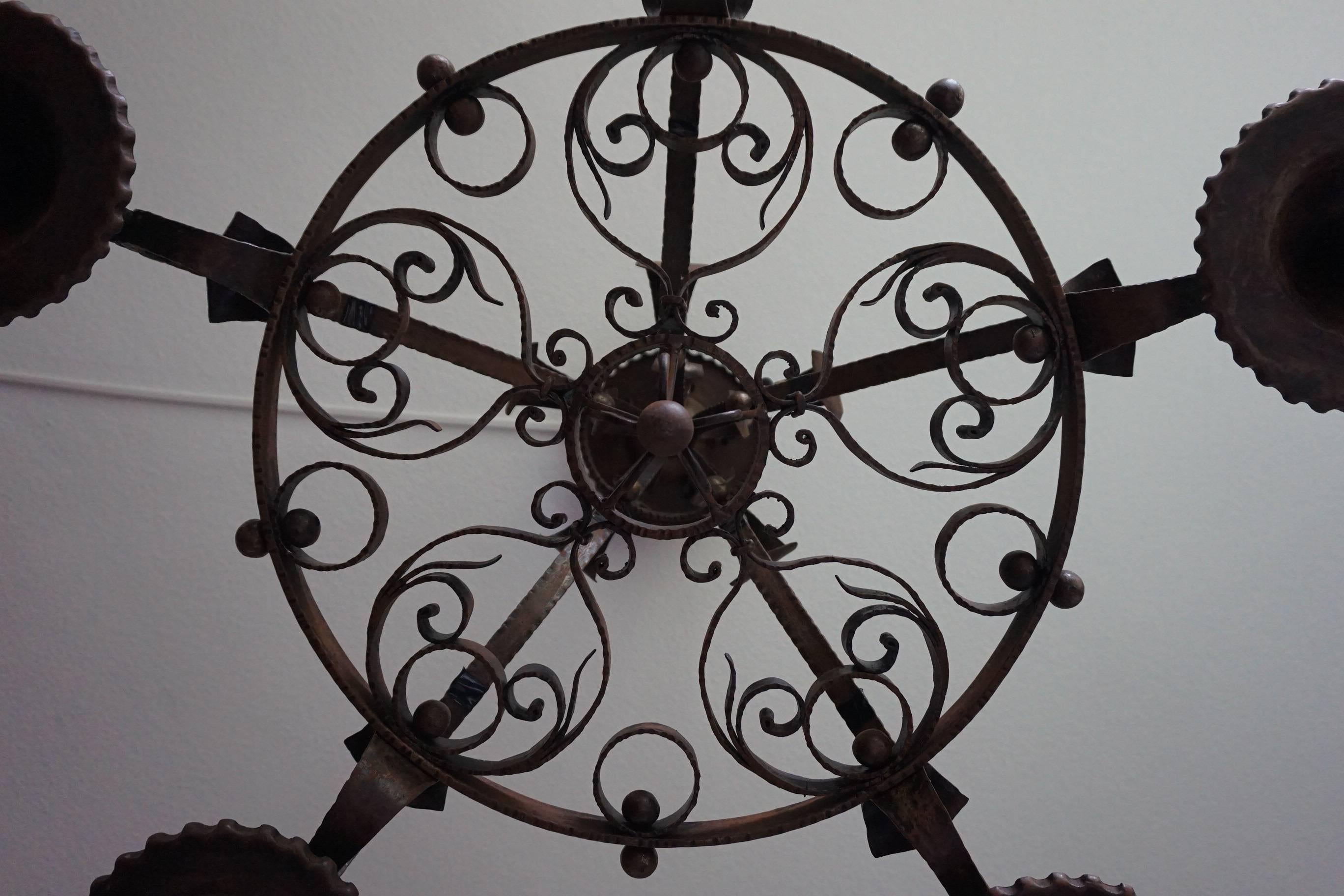 European Good Size & Hand-Forged Arts & Crafts Wrought Iron Light Fixture or Chandelier