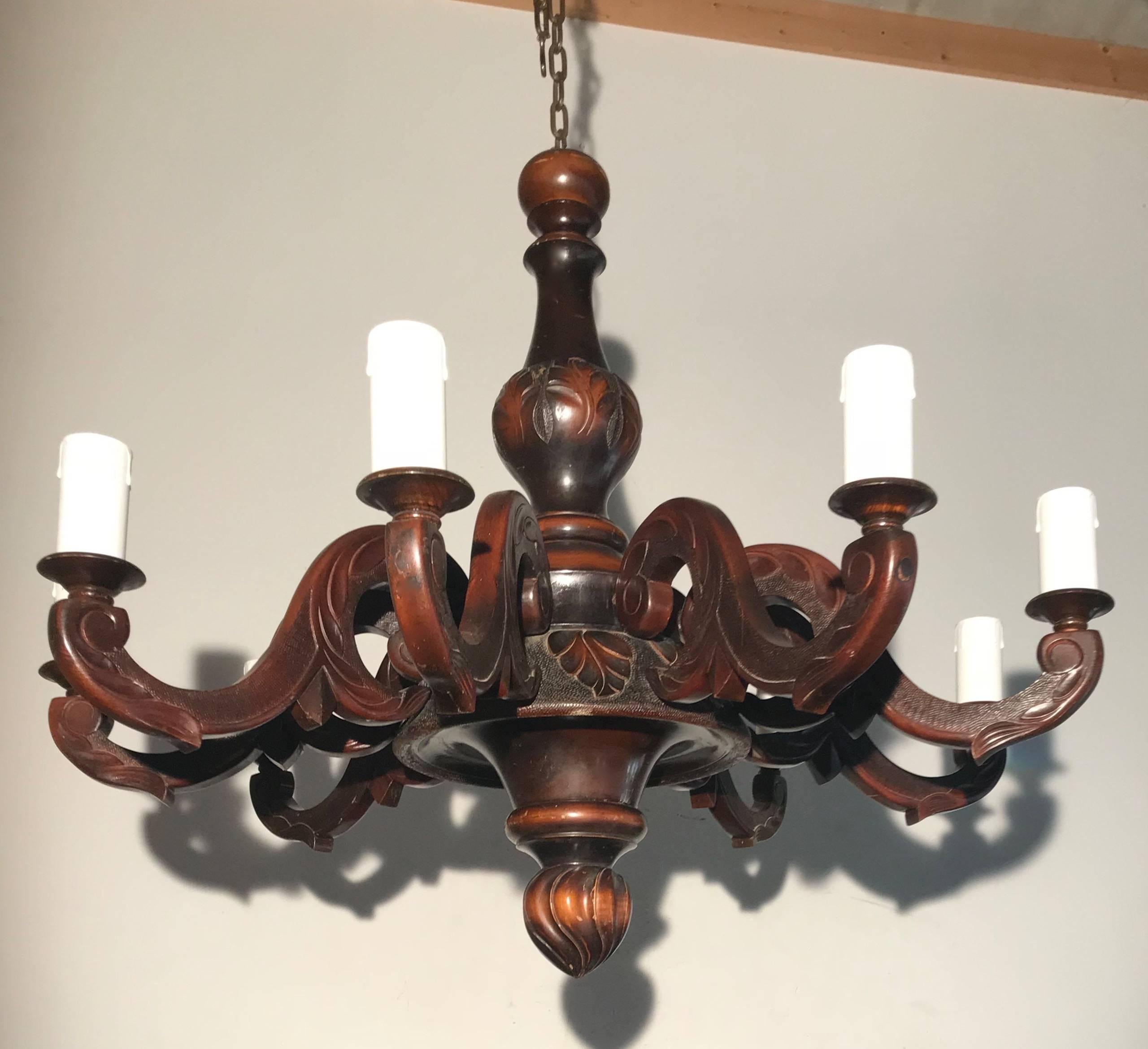 Patinated Large & Handcrafted Wooden Nine-Arm Dining Room Chandelier with a Great Patina