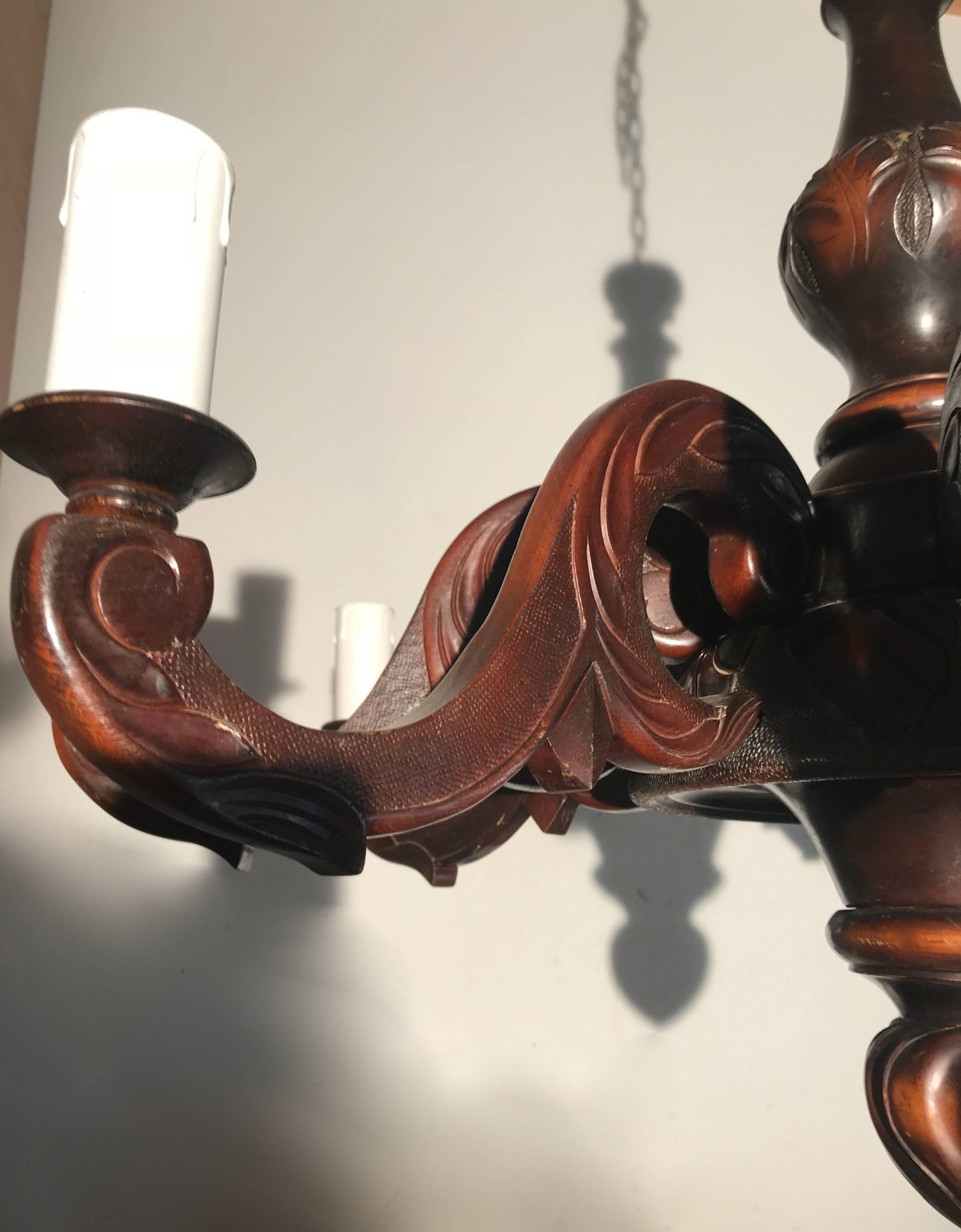 20th Century Large & Handcrafted Wooden Nine-Arm Dining Room Chandelier with a Great Patina