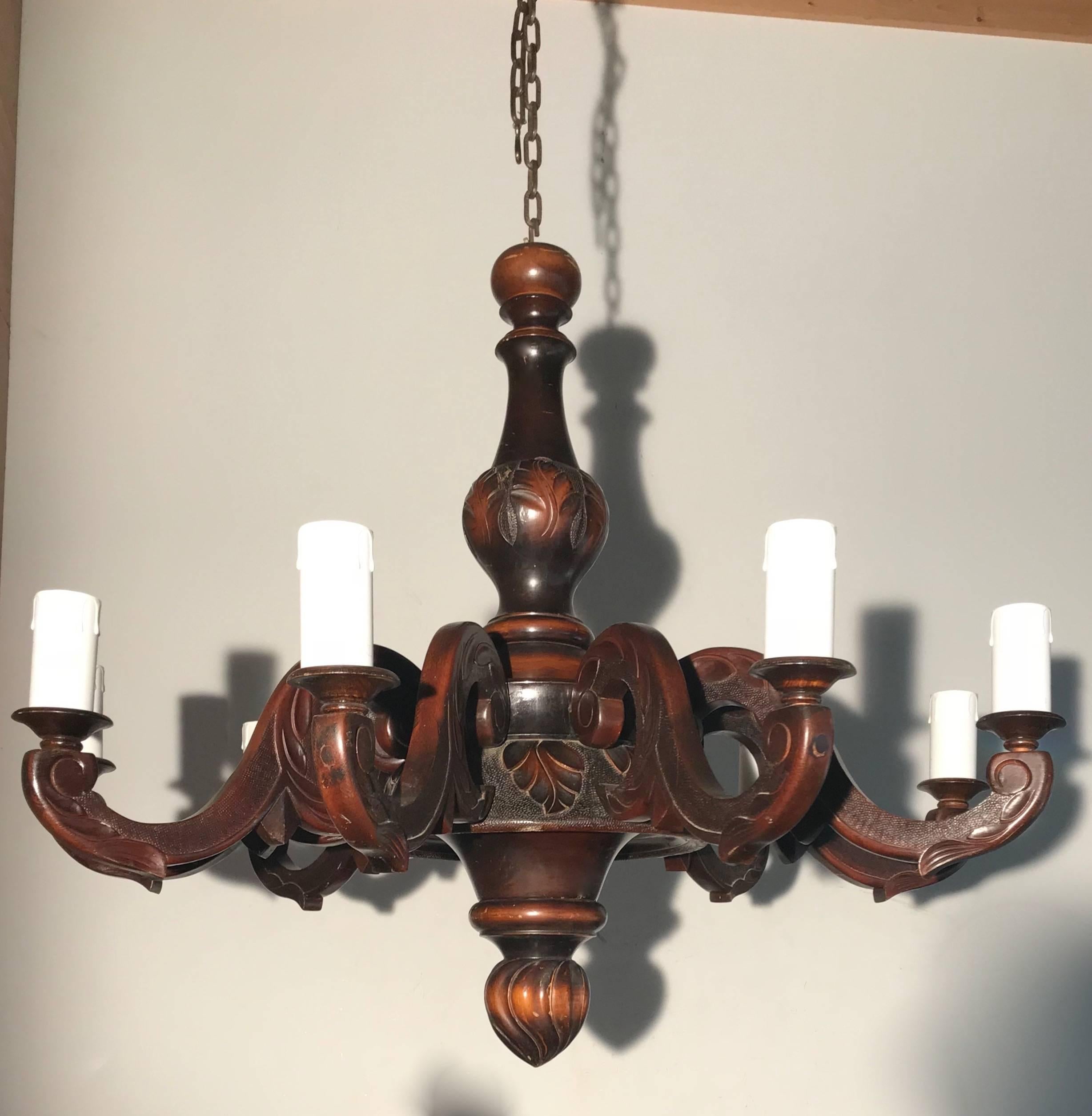 Large & Handcrafted Wooden Nine-Arm Dining Room Chandelier with a Great Patina 2