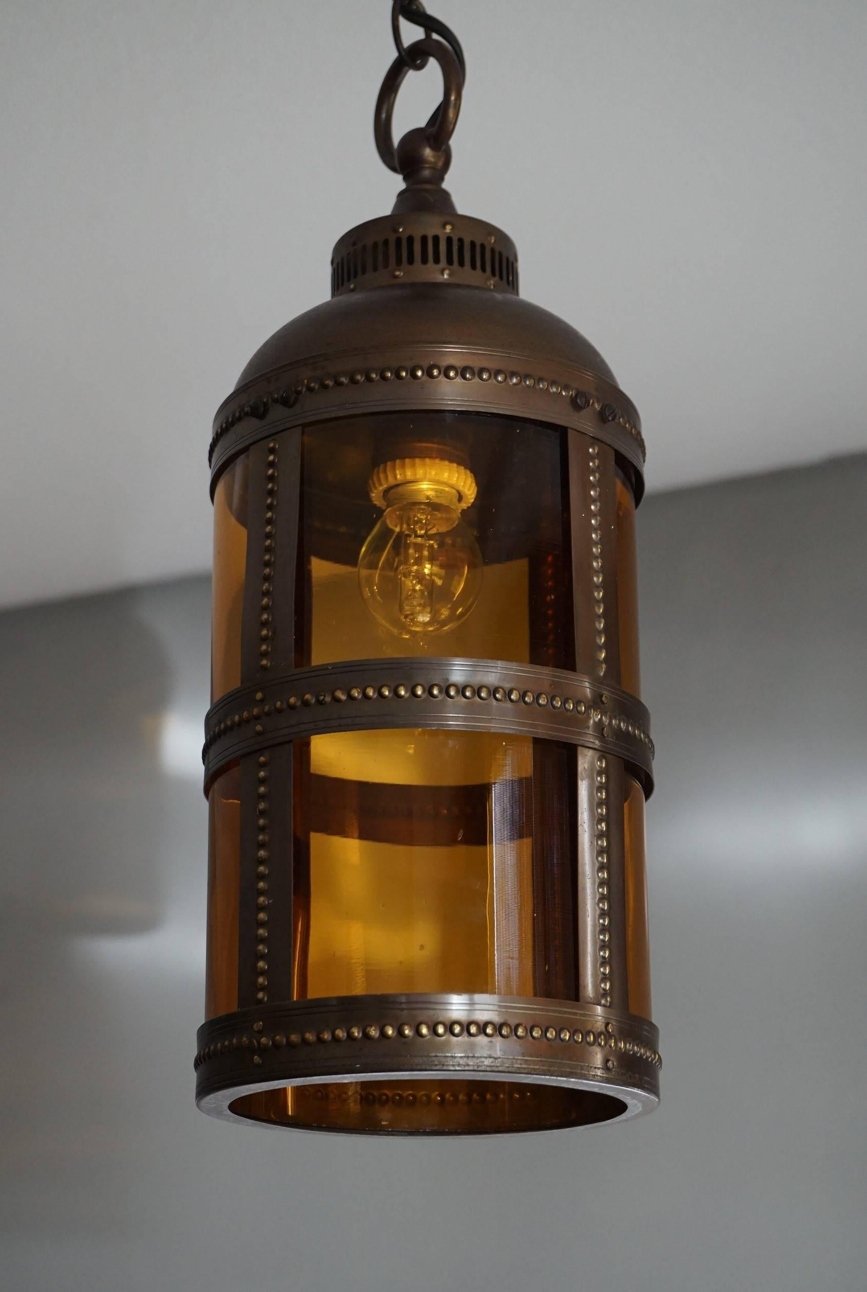 Hand-Crafted Arts and Crafts Brass & Amber Glass Pendant Light Jan Eisenloeffel Style Lantern For Sale