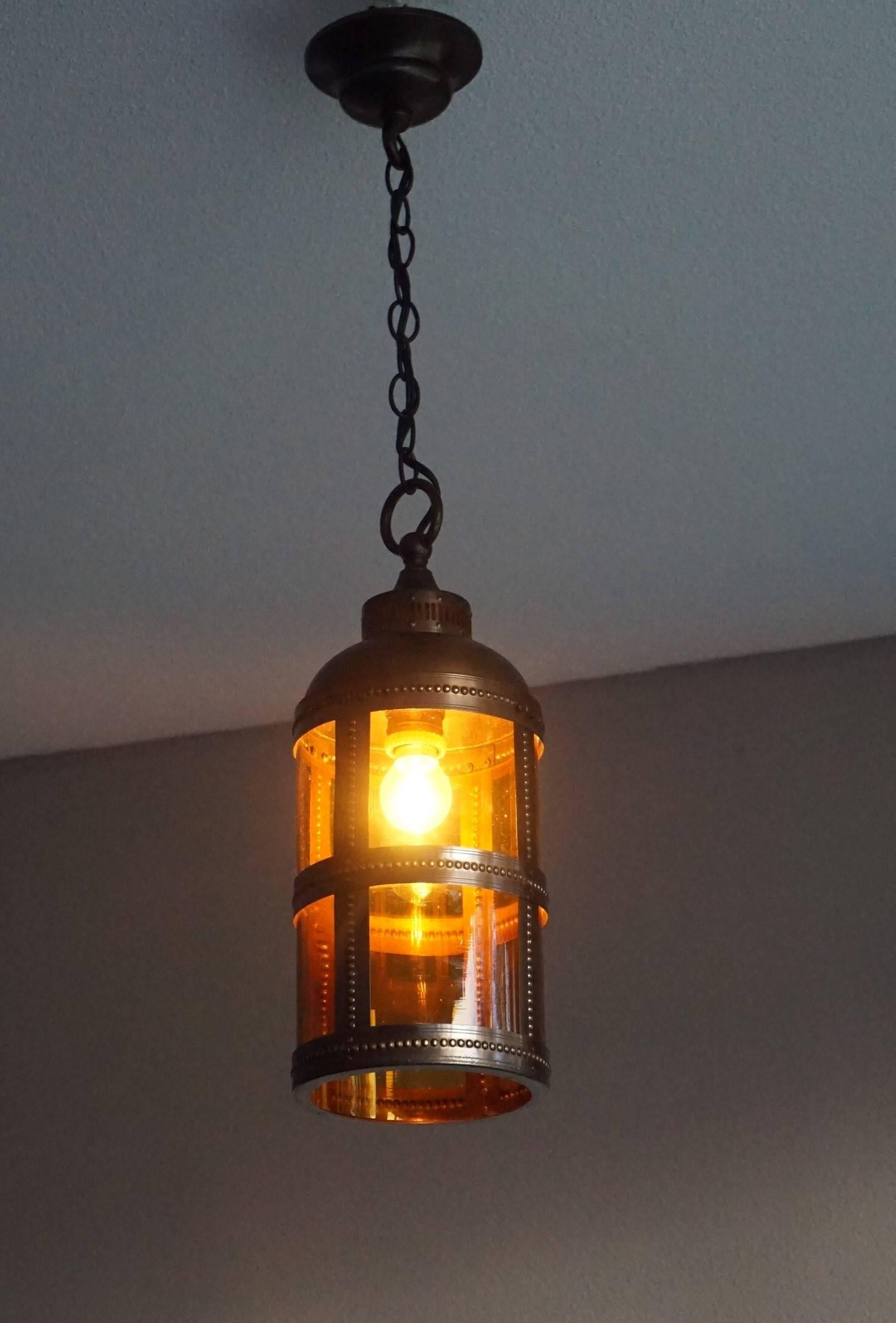 20th Century Arts and Crafts Brass & Amber Glass Pendant Light Jan Eisenloeffel Style Lantern For Sale