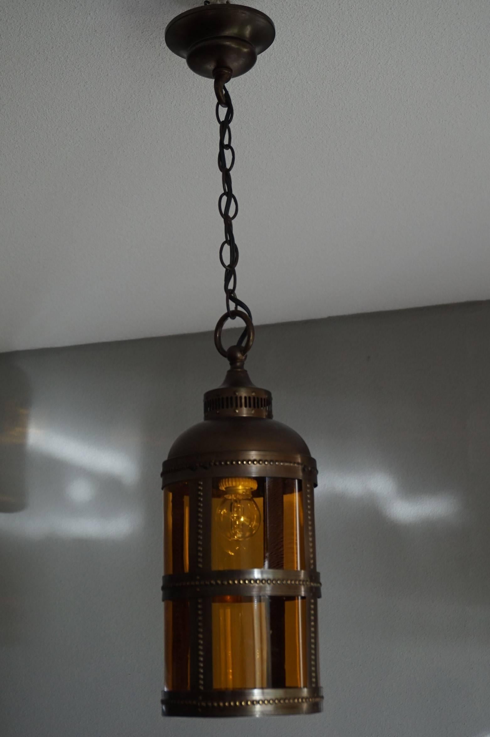 Arts and Crafts Brass & Amber Glass Pendant Light Jan Eisenloeffel Style Lantern For Sale 3
