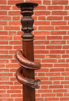 Mahogany Stair Rail Newel Post with Carved Dragon Head and Snake Sculpture