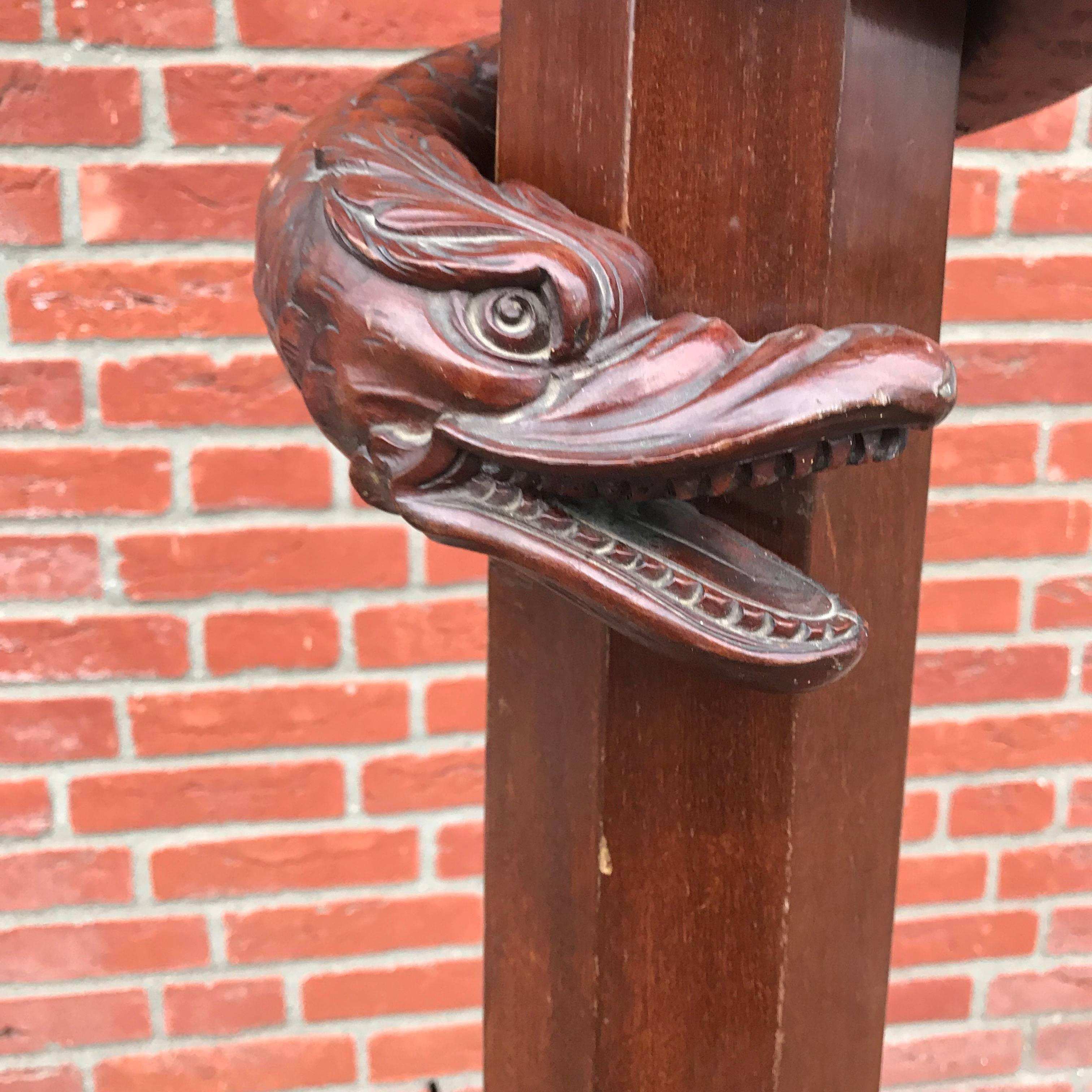 German Mahogany Stair Rail Newel Post with Carved Dragon Head and Snake Sculpture