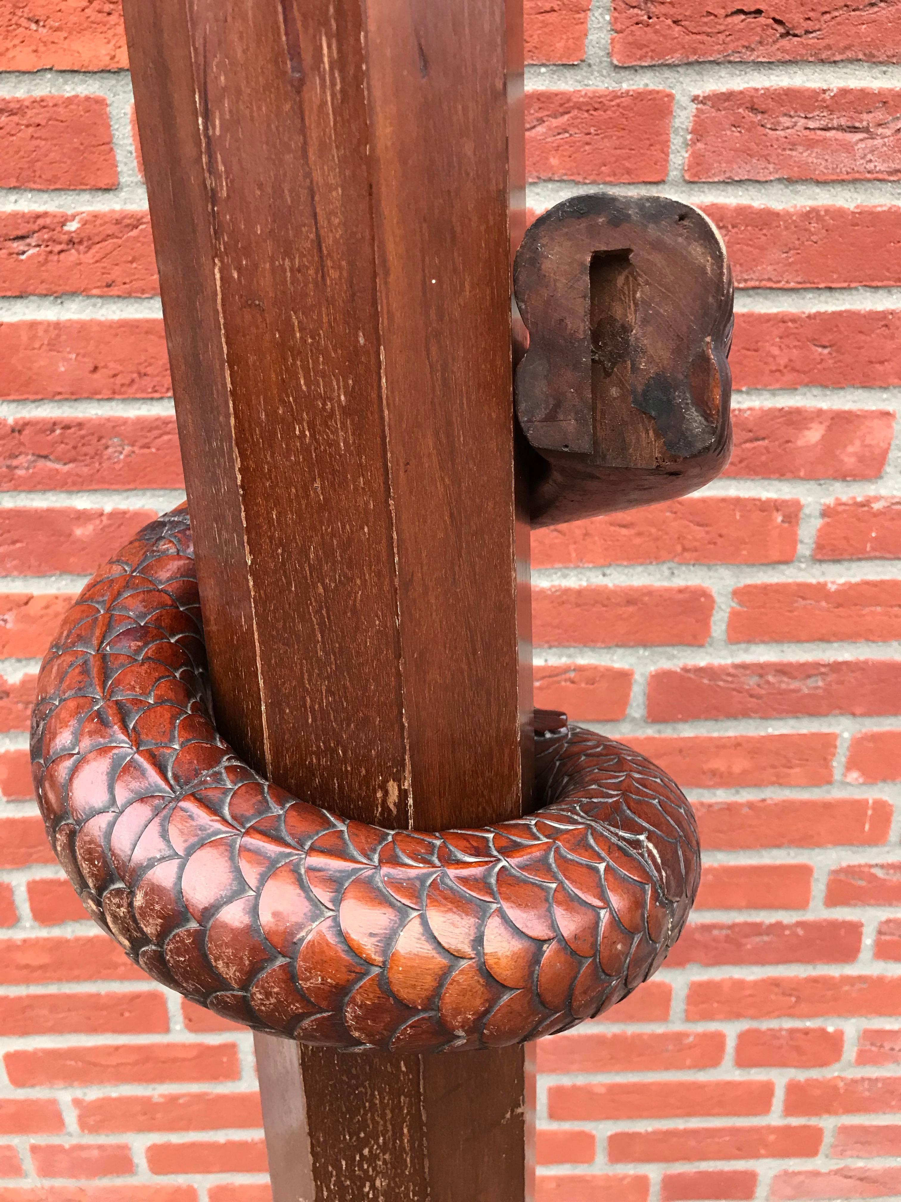 Mahogany Stair Rail Newel Post with Carved Dragon Head and Snake Sculpture In Good Condition In Lisse, NL