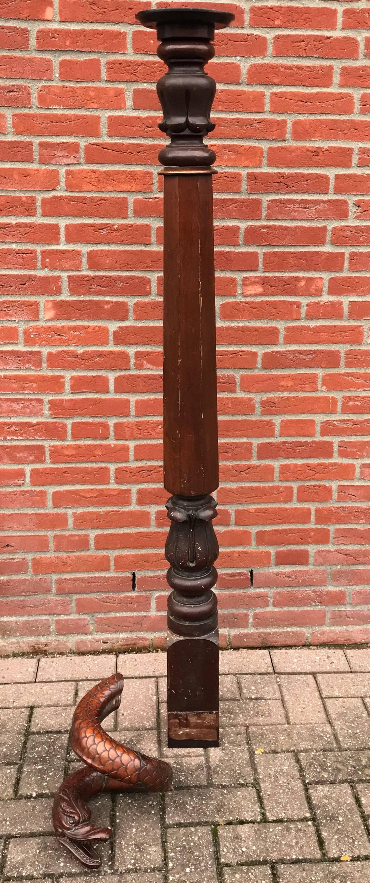 19th Century Mahogany Stair Rail Newel Post with Carved Dragon Head and Snake Sculpture