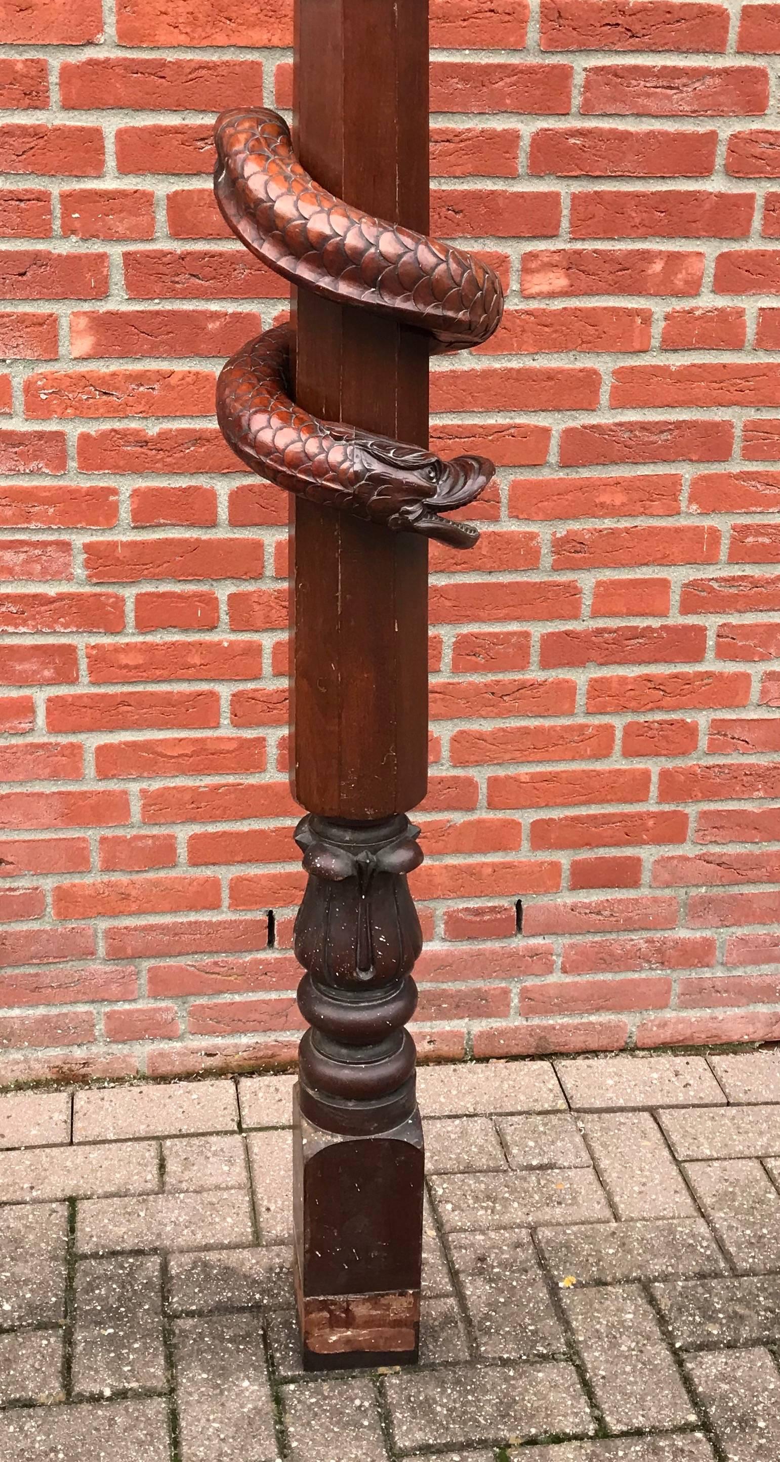 Mahogany Stair Rail Newel Post with Carved Dragon Head and Snake Sculpture 1