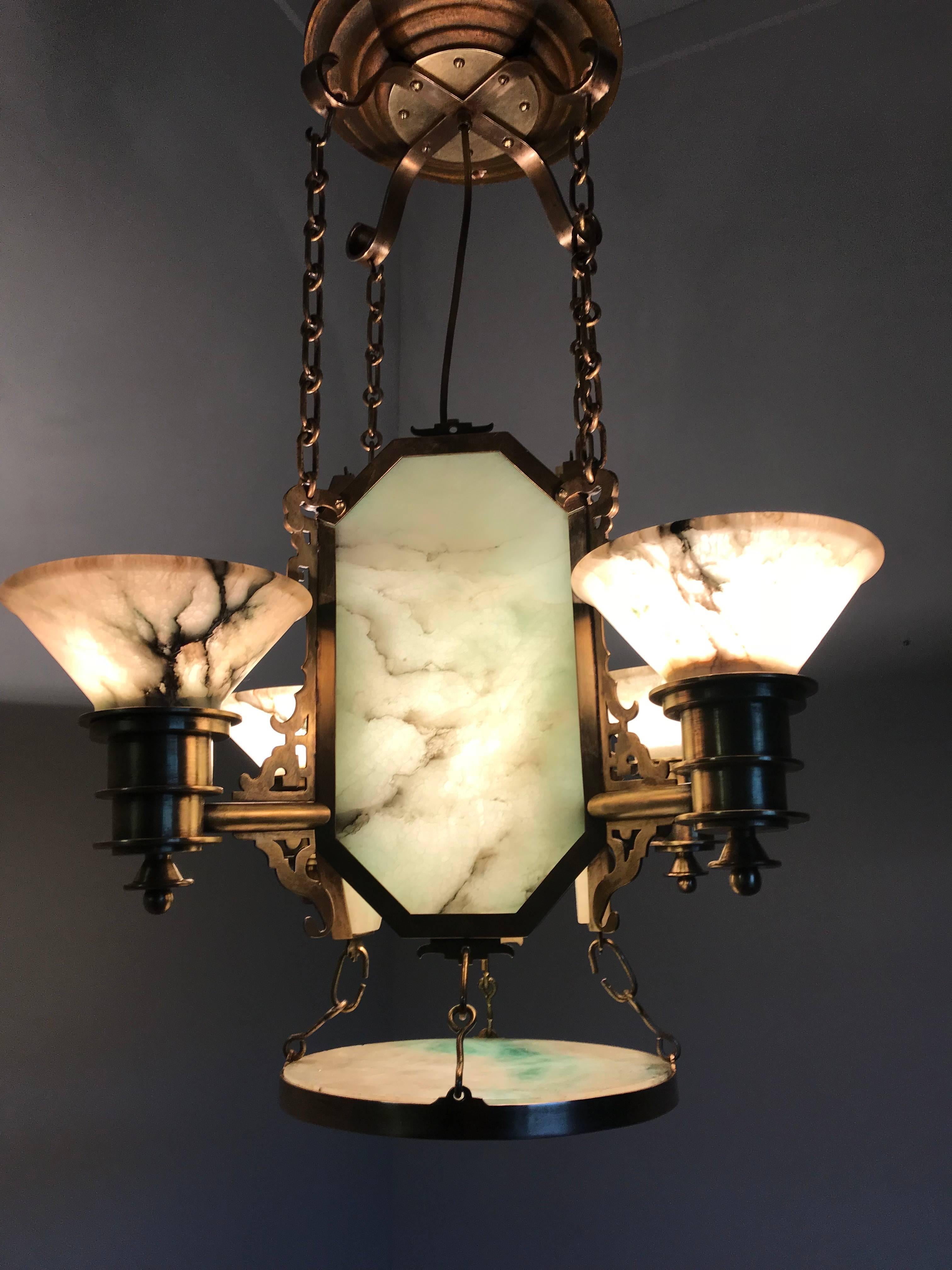 Arts and Crafts Oriental Style Arts & Crafts Jade Green Alabaster Bronze and Brass Pendant Light