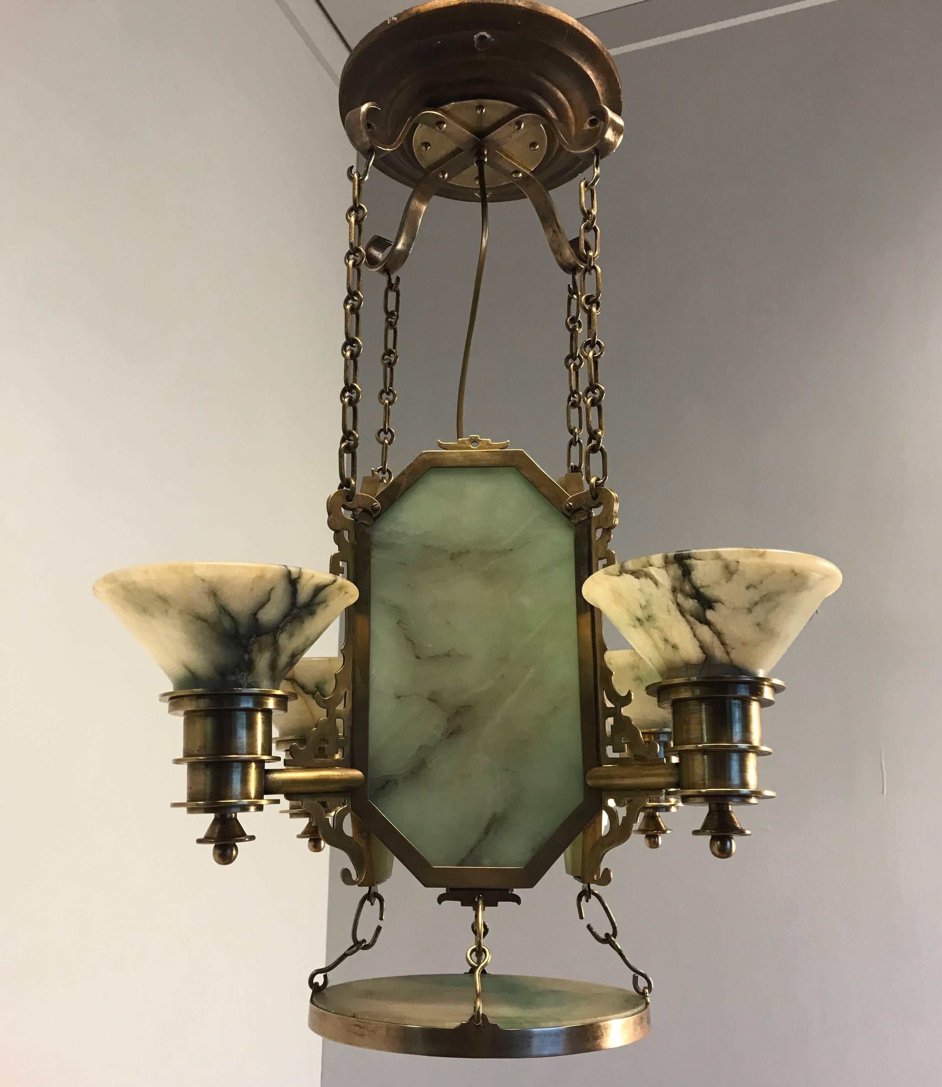 Oriental Style Arts & Crafts Jade Green Alabaster Bronze and Brass Pendant Light In Good Condition In Lisse, NL