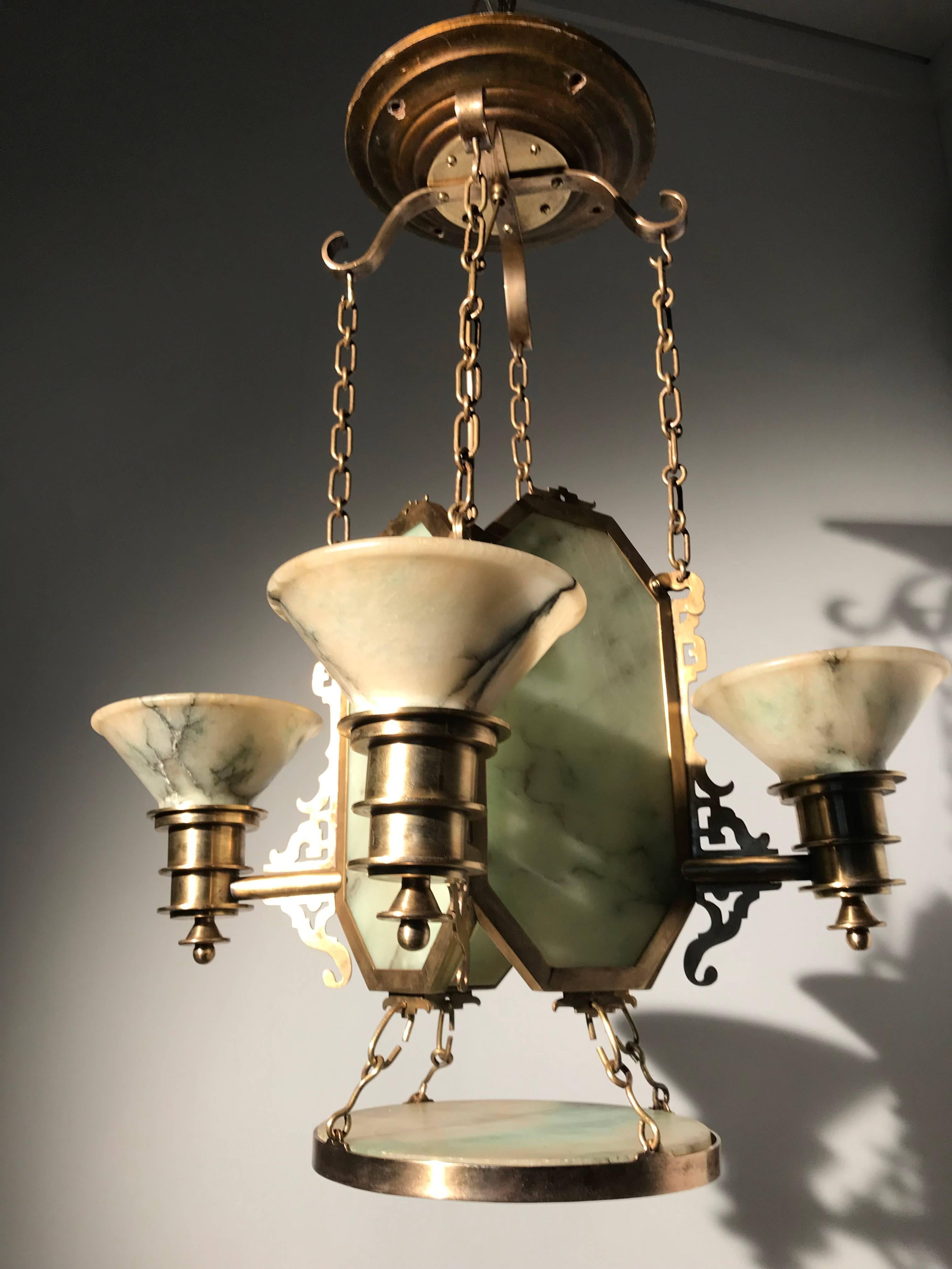 Oriental Style Arts & Crafts Jade Green Alabaster Bronze and Brass Pendant Light 2