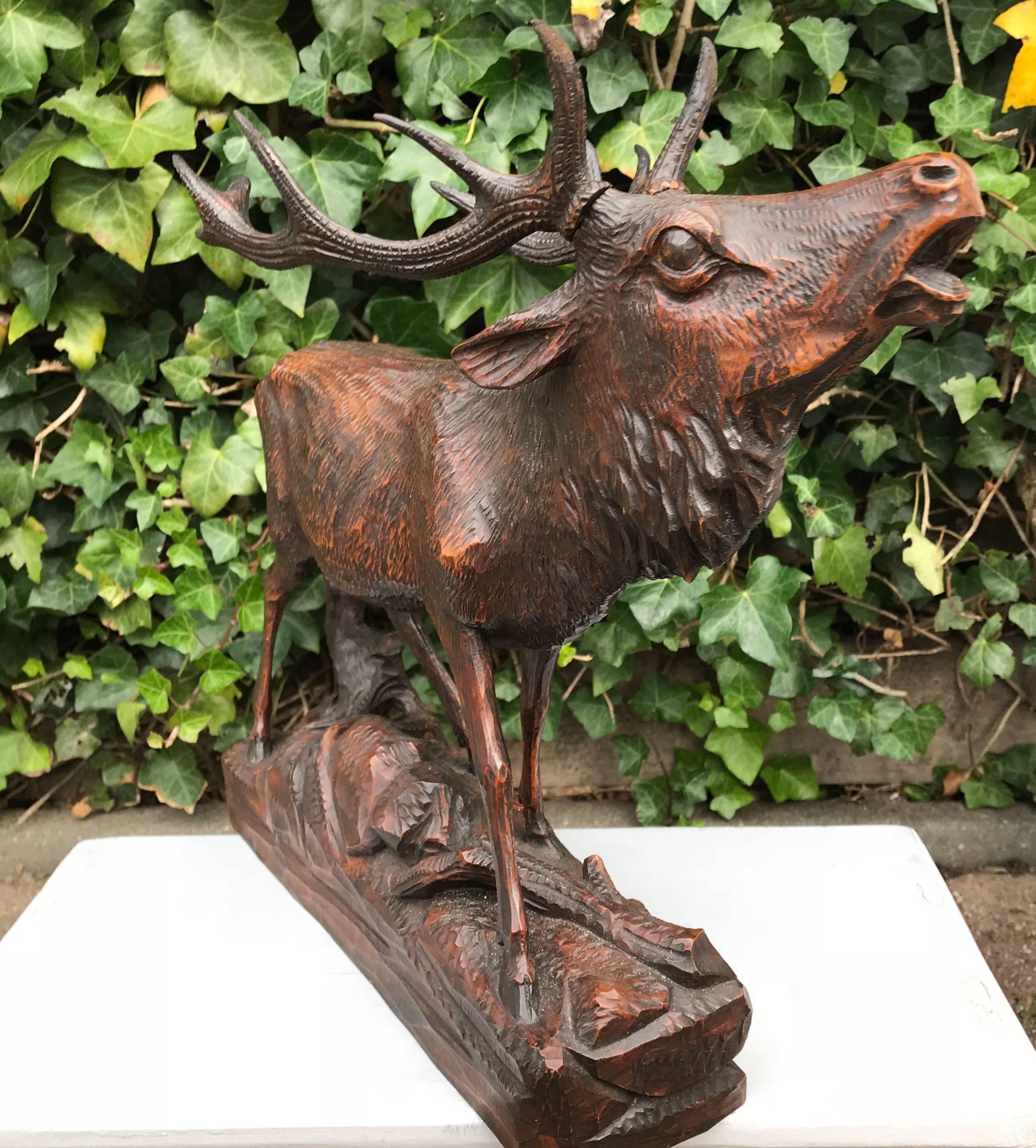 Allemand Grande sculpture de cerf en bois de ronce finement sculptée du début de la Forêt-Noire, datant du début 1900 en vente