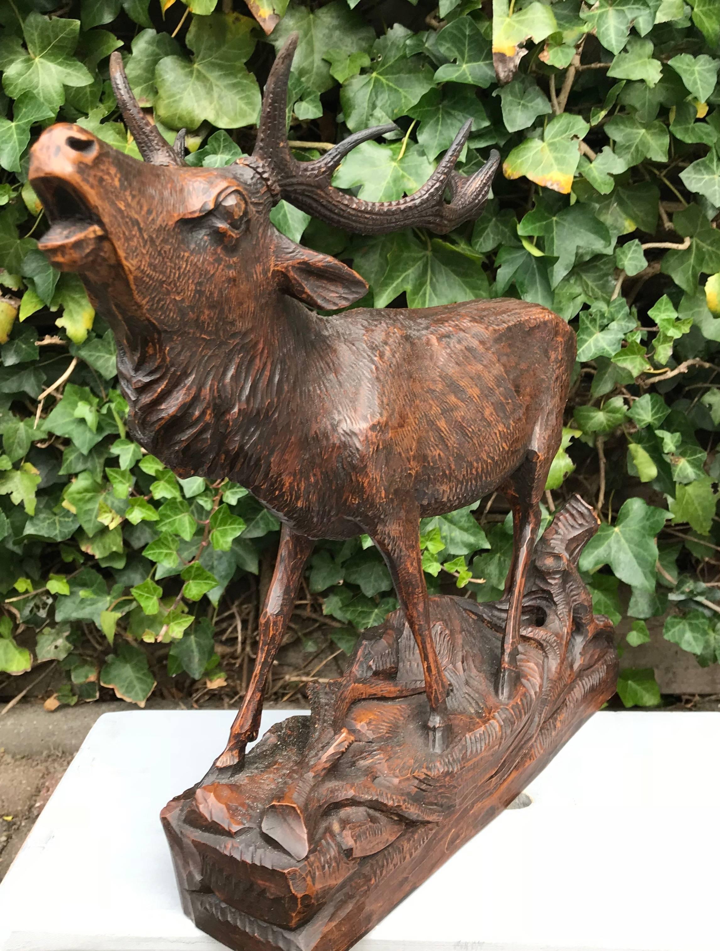 Fait main Grande sculpture de cerf en bois de ronce finement sculptée du début de la Forêt-Noire, datant du début 1900 en vente