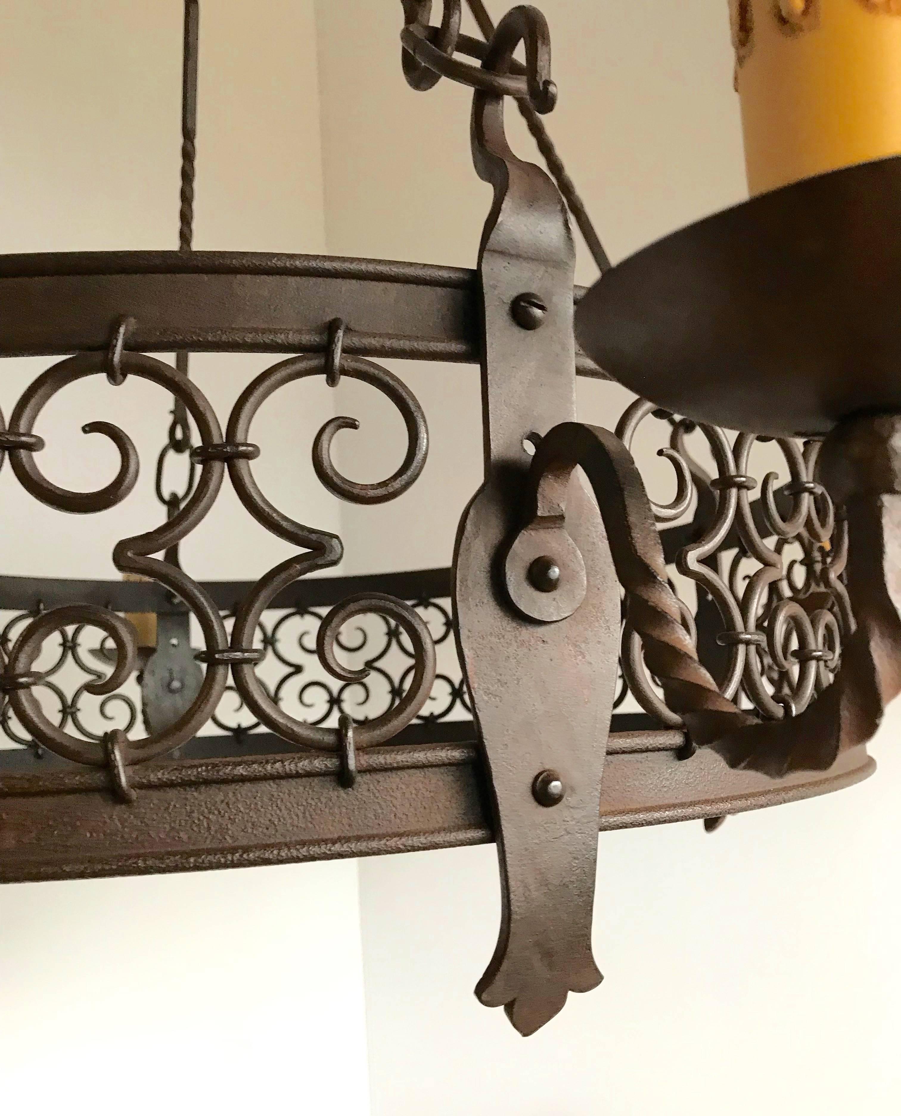 Large Arts & Crafts Forged in Fire Wrought Iron Chandelier Pendant Light Fixture In Good Condition For Sale In Lisse, NL