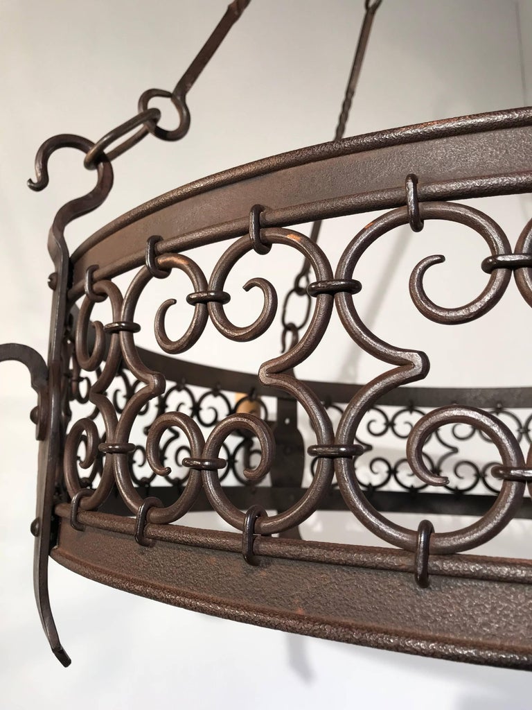 Large Arts and Crafts in Fire Wrought Iron Chandelier Pendant