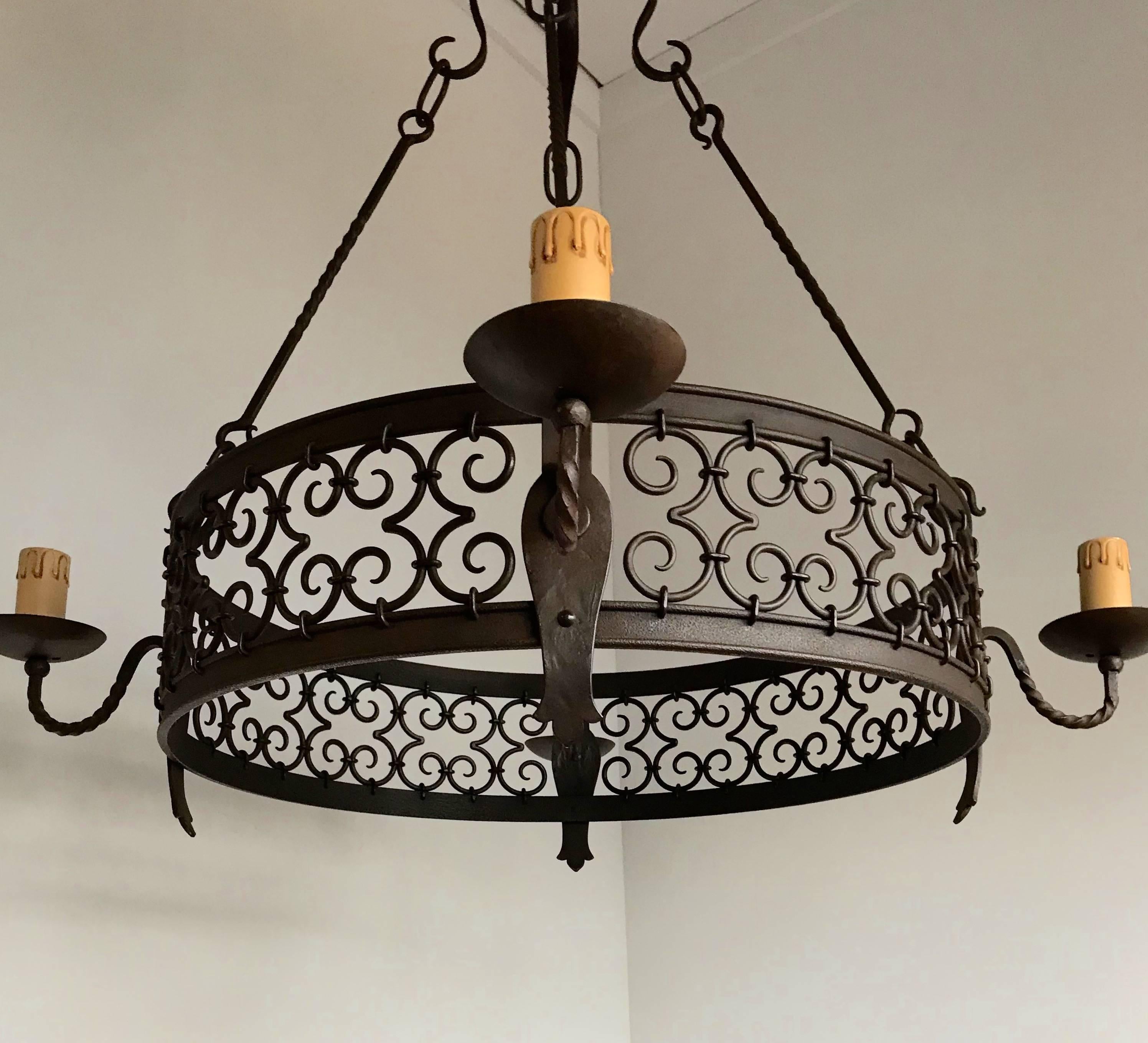 Large Arts & Crafts Forged in Fire Wrought Iron Chandelier Pendant Light Fixture For Sale 2