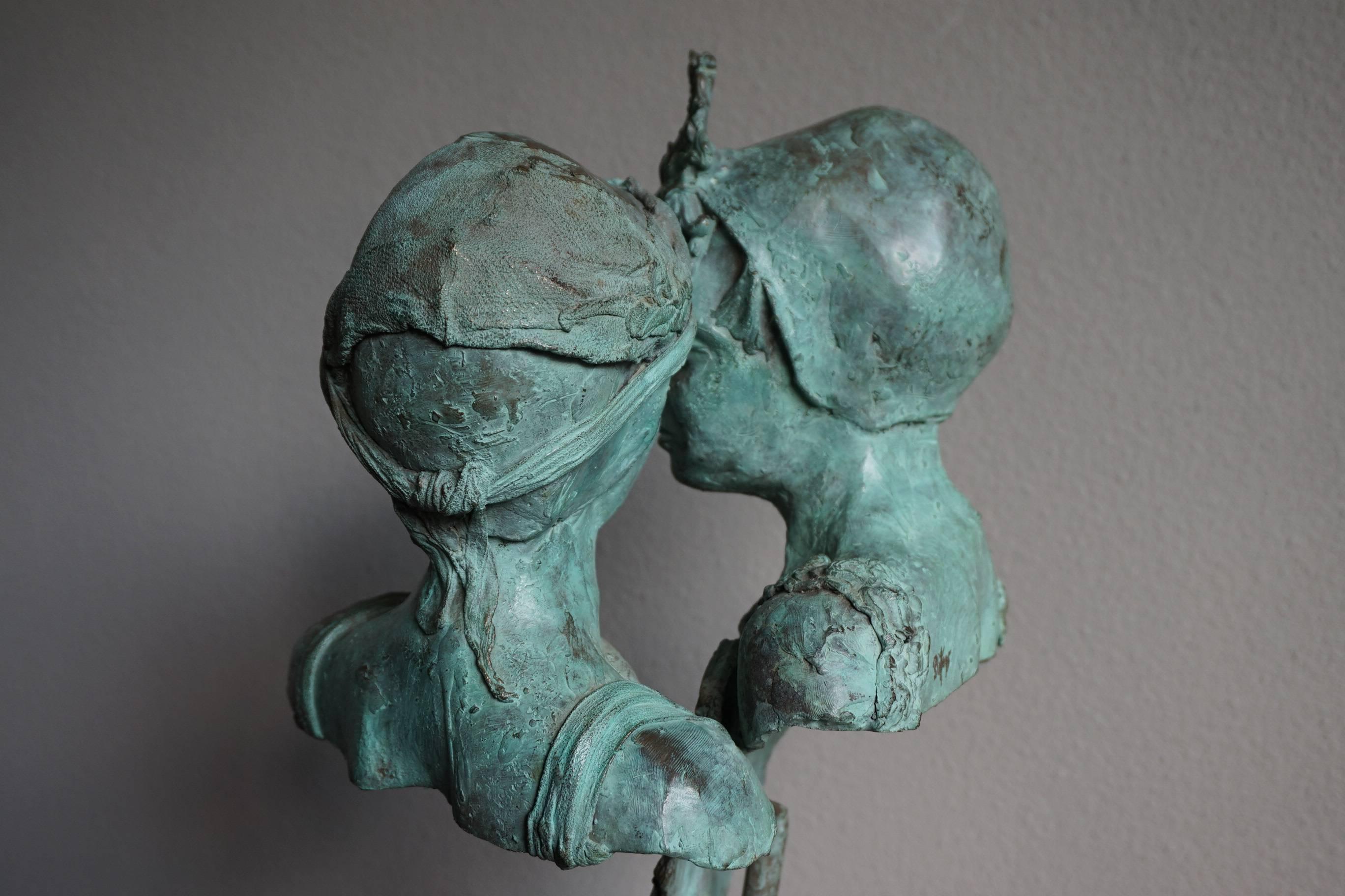 20th Century Sizeable and Signed Bronze Bust Sculpture of Sisters or Female Lovers For Sale