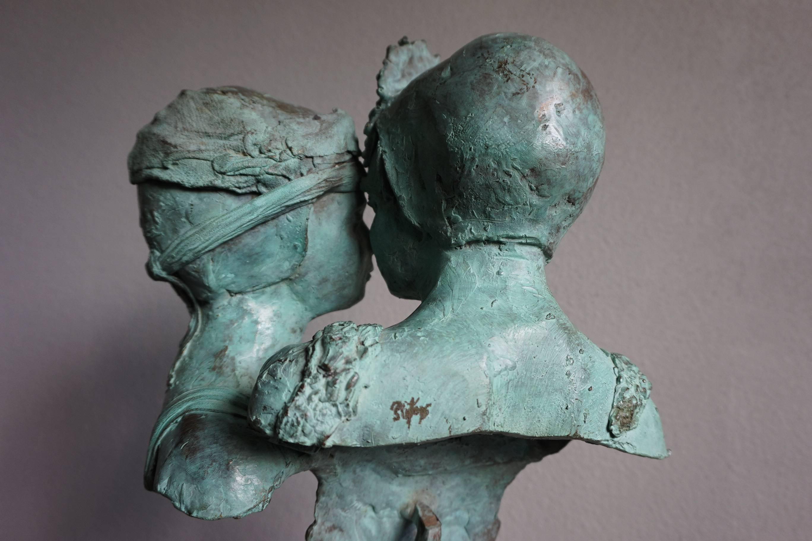 Sizeable and Signed Bronze Bust Sculpture of Sisters or Female Lovers For Sale 1