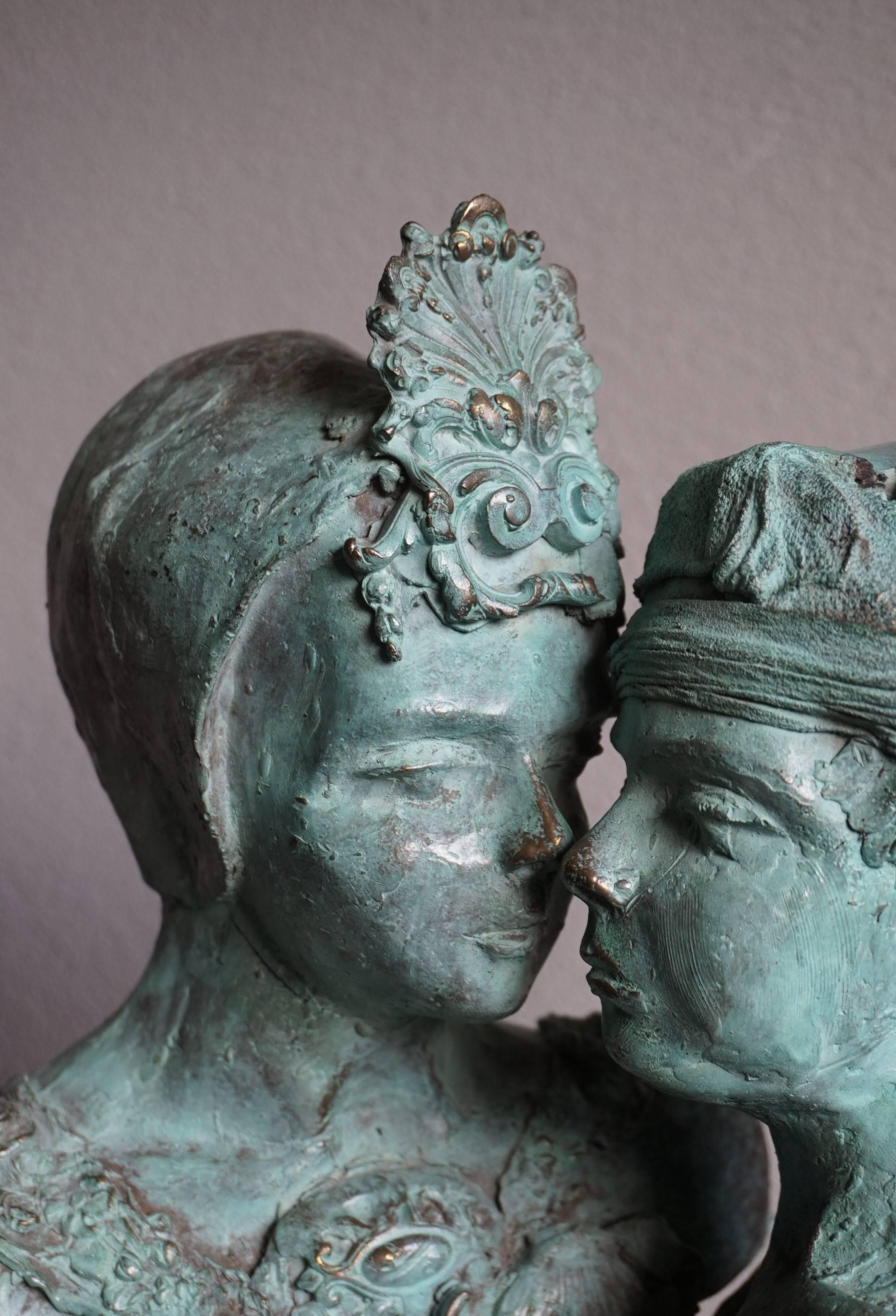 Sizeable and Signed Bronze Bust Sculpture of Sisters or Female Lovers For Sale 3