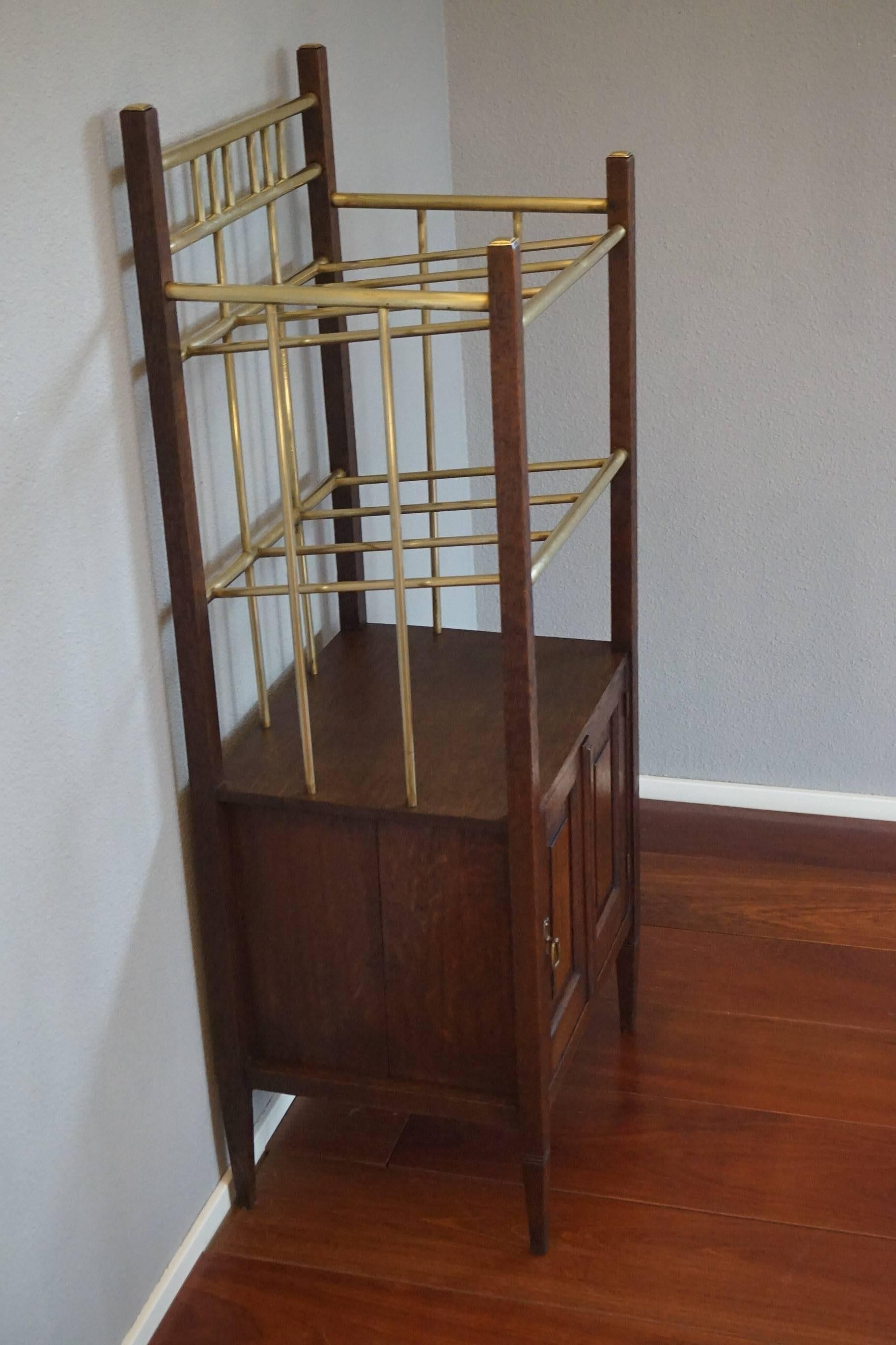 Arts & Crafts Oak and Polished Brass Magazine Stand with Cabinet from circa 1900 For Sale 4