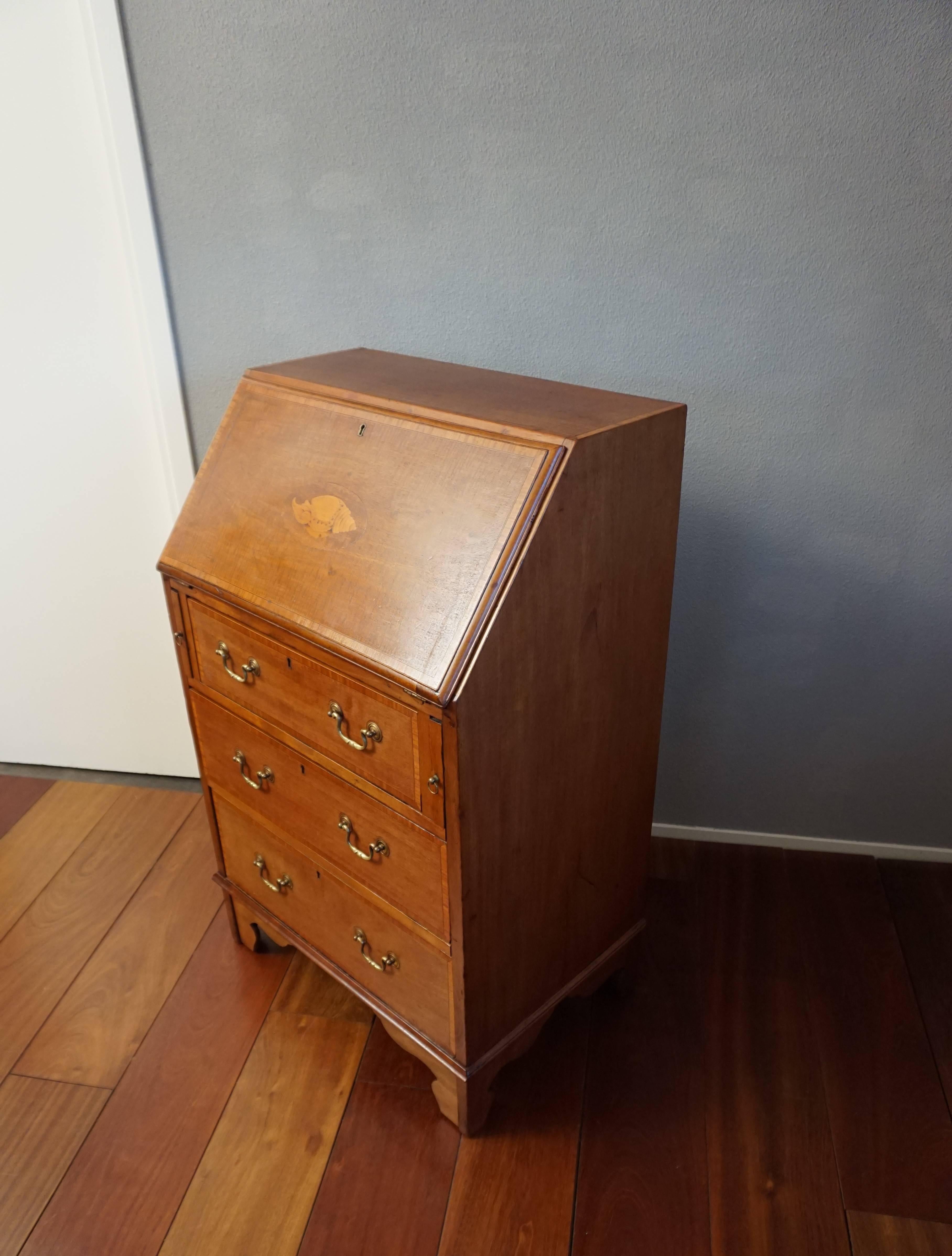 British Antique Walnut Secretaire Ladies Desk by Pioneer of Liverpool w. Inlaid Shell  For Sale