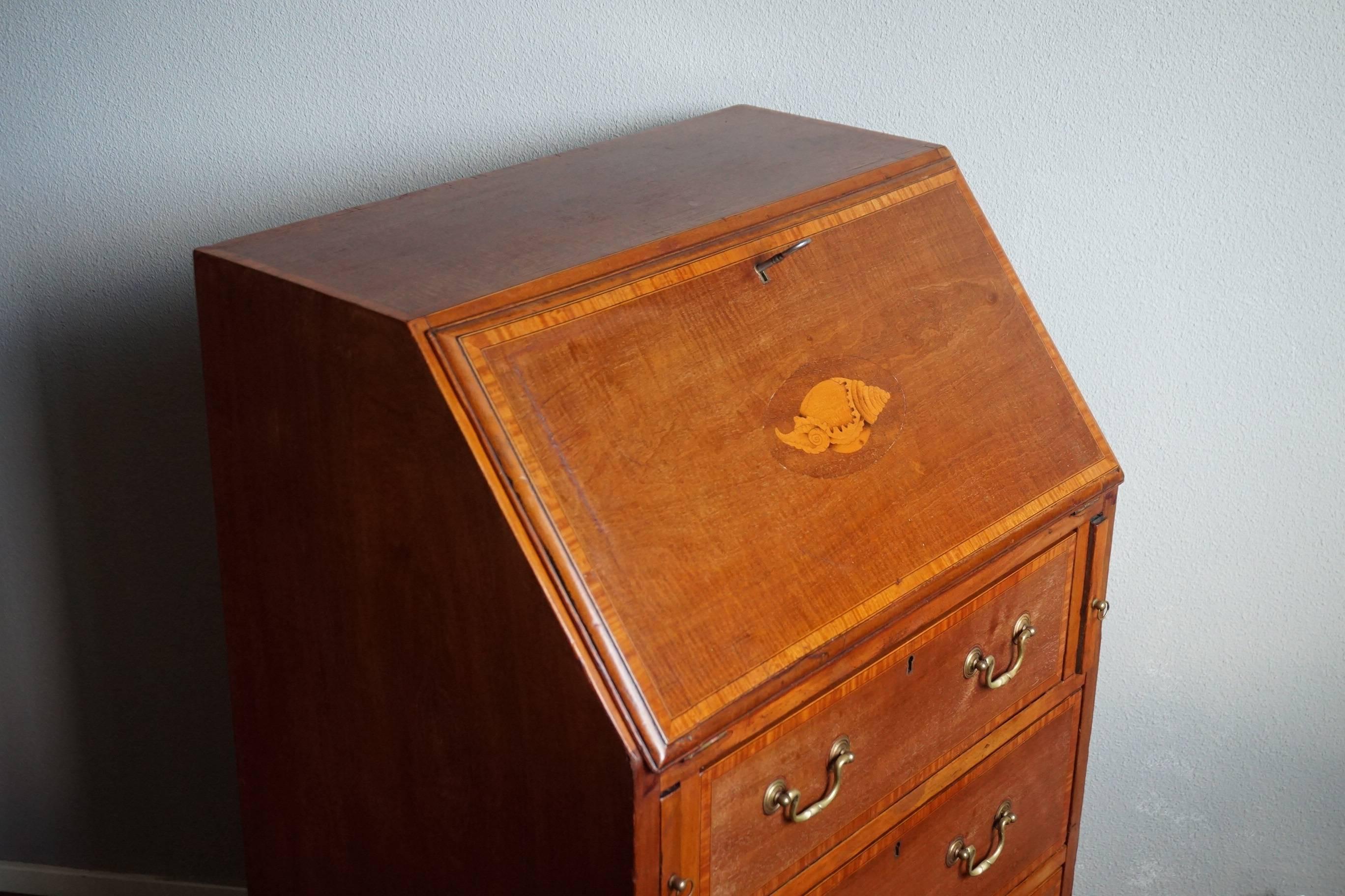 Edwardian Antique Walnut Secretaire Ladies Desk by Pioneer of Liverpool w. Inlaid Shell  For Sale