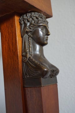Large Empire Style Mahogany Side Table with Bronze Goddesses & Black Marble Top