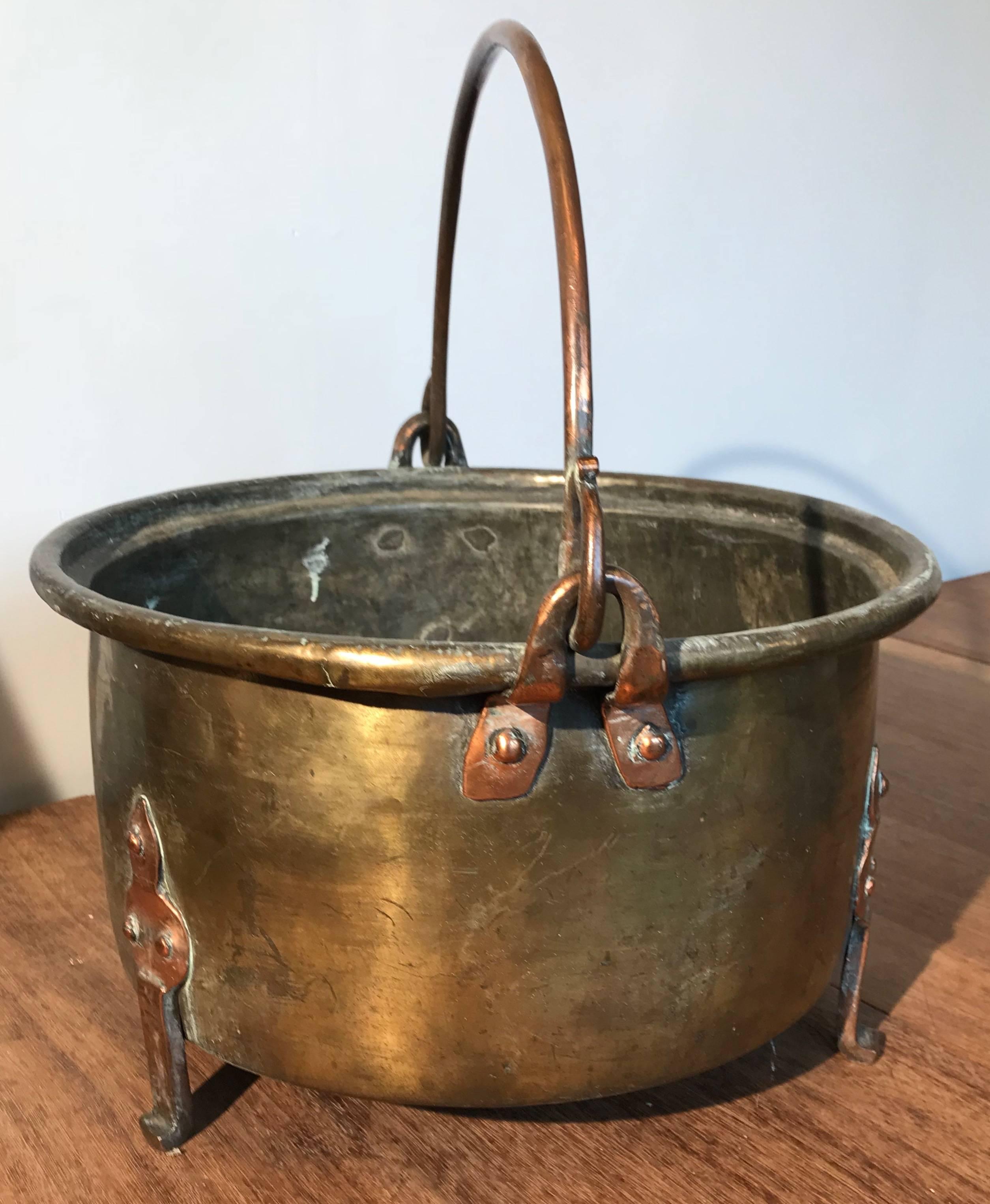 Dutch Rare 18th Century Brass & Copper Log Bin / Firewood Bucket, Basket with Handle