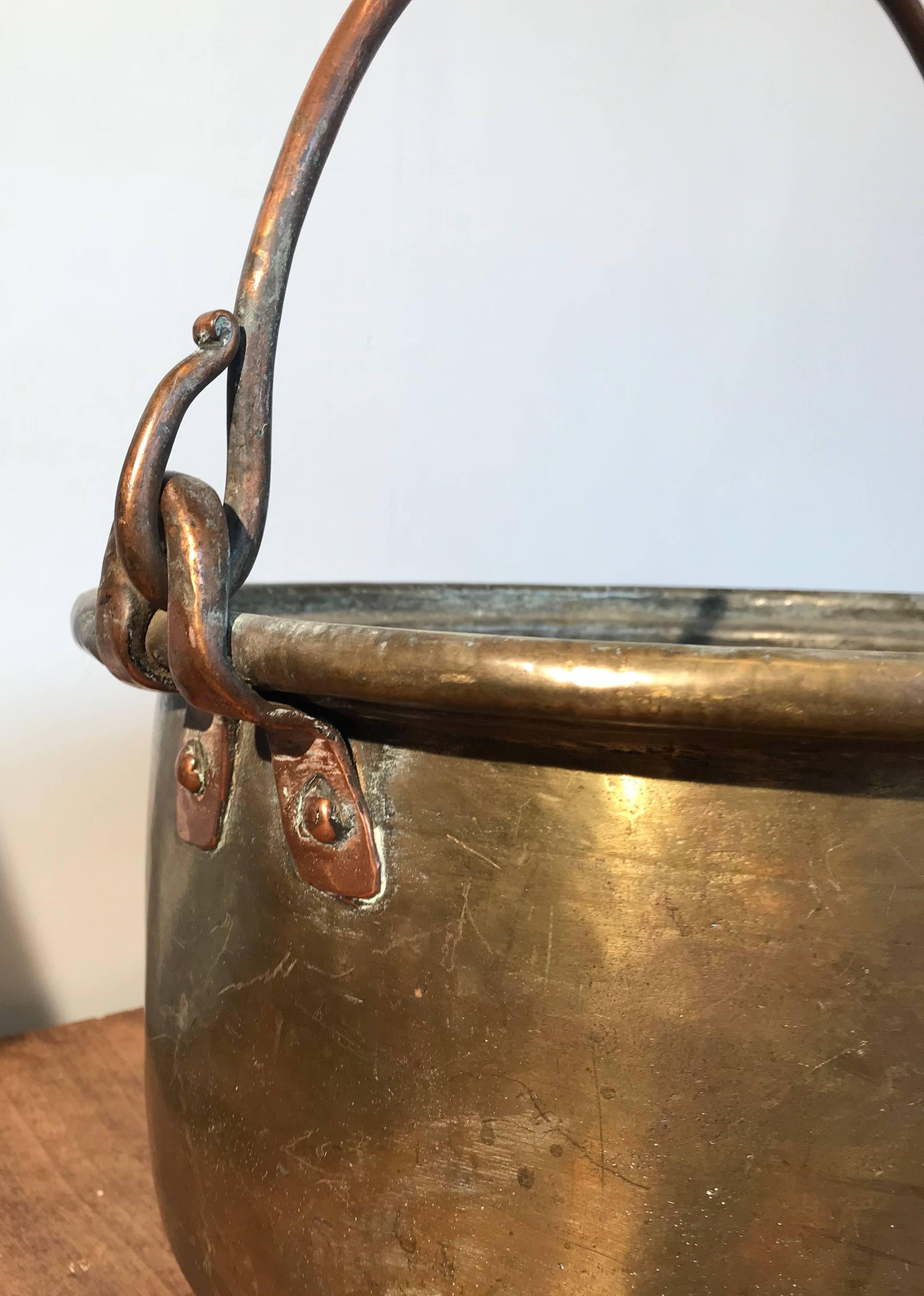 18th Century and Earlier Rare 18th Century Brass & Copper Log Bin / Firewood Bucket, Basket with Handle