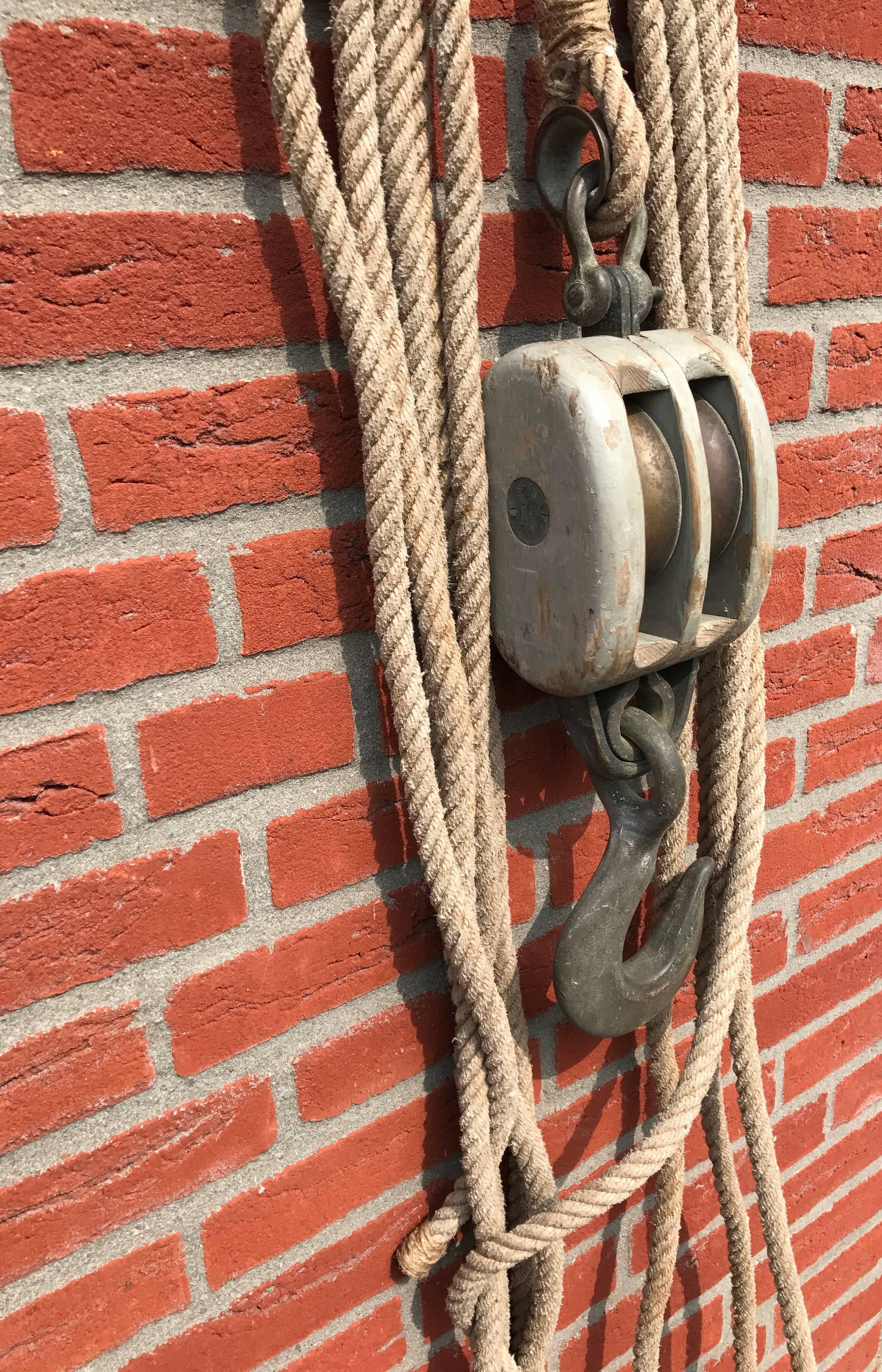 European Vintage Industrial Nautical Double Block Pulley, Bronze and Brass and Old Rope