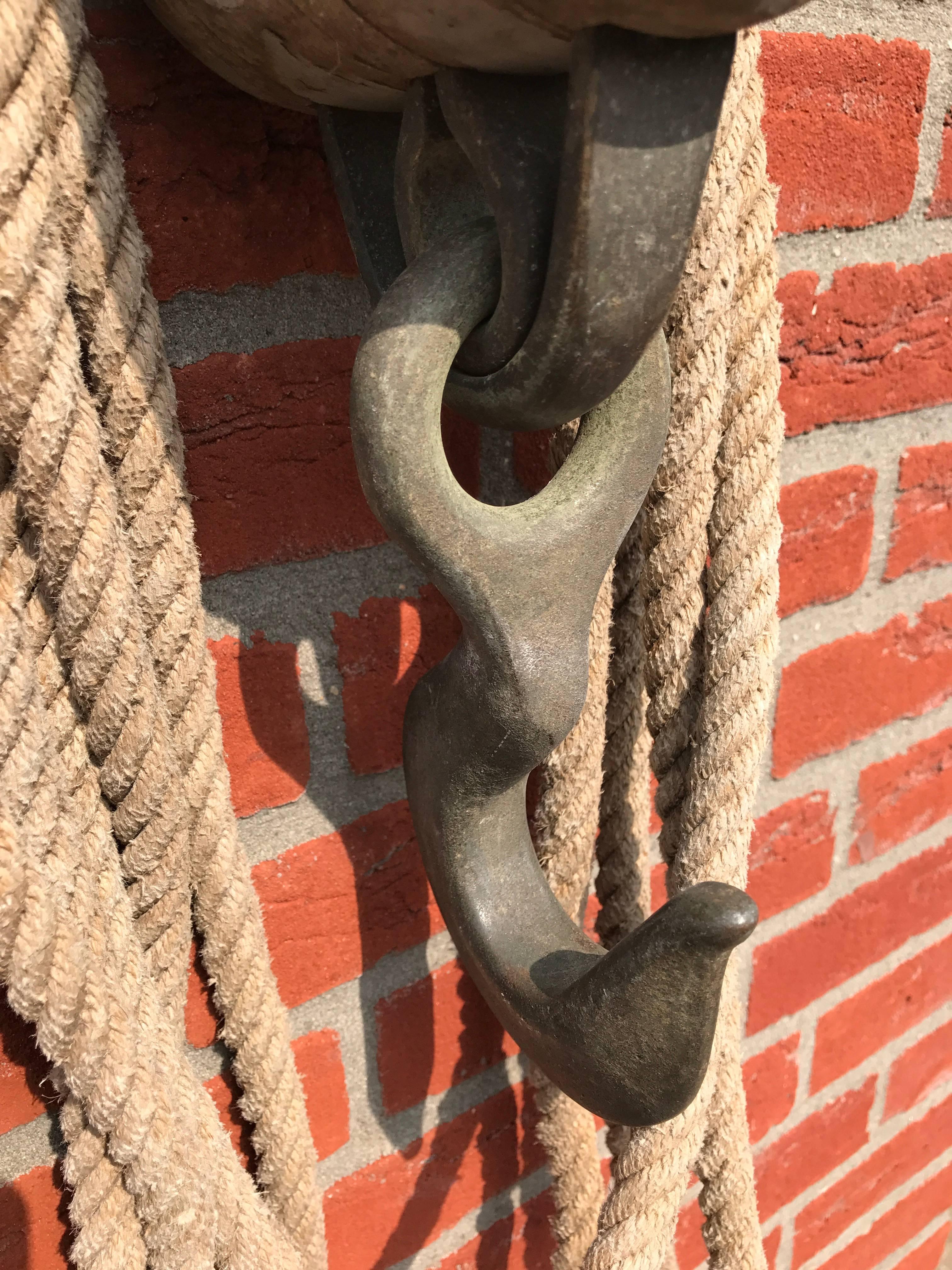 Vintage Industrial Nautical Double Block Pulley, Bronze and Brass and Old Rope 2