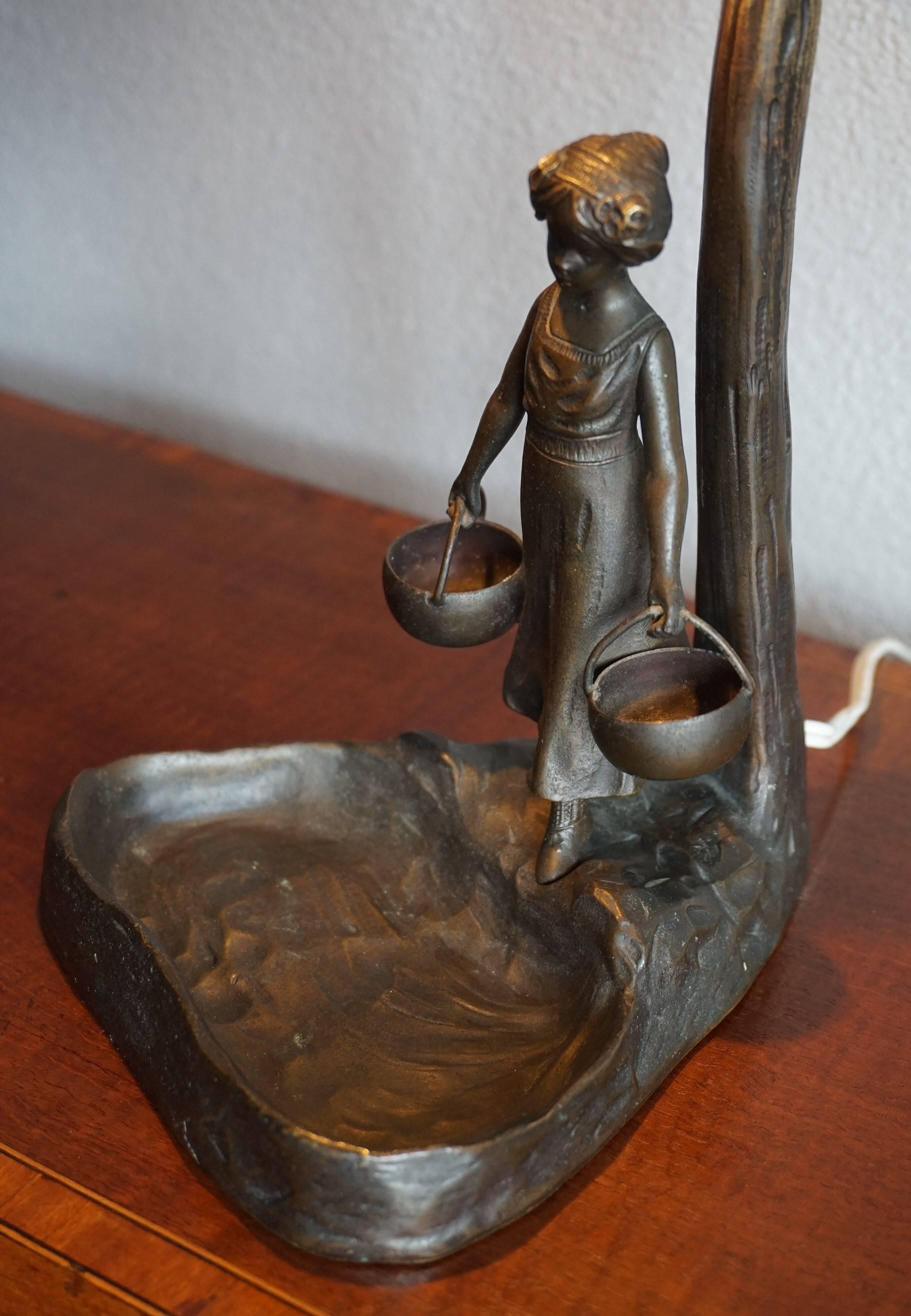 Hand-Crafted Antique Bronze & Glass Jugendstil Table & Desk Lamp W. Lady under Tree Sculpture