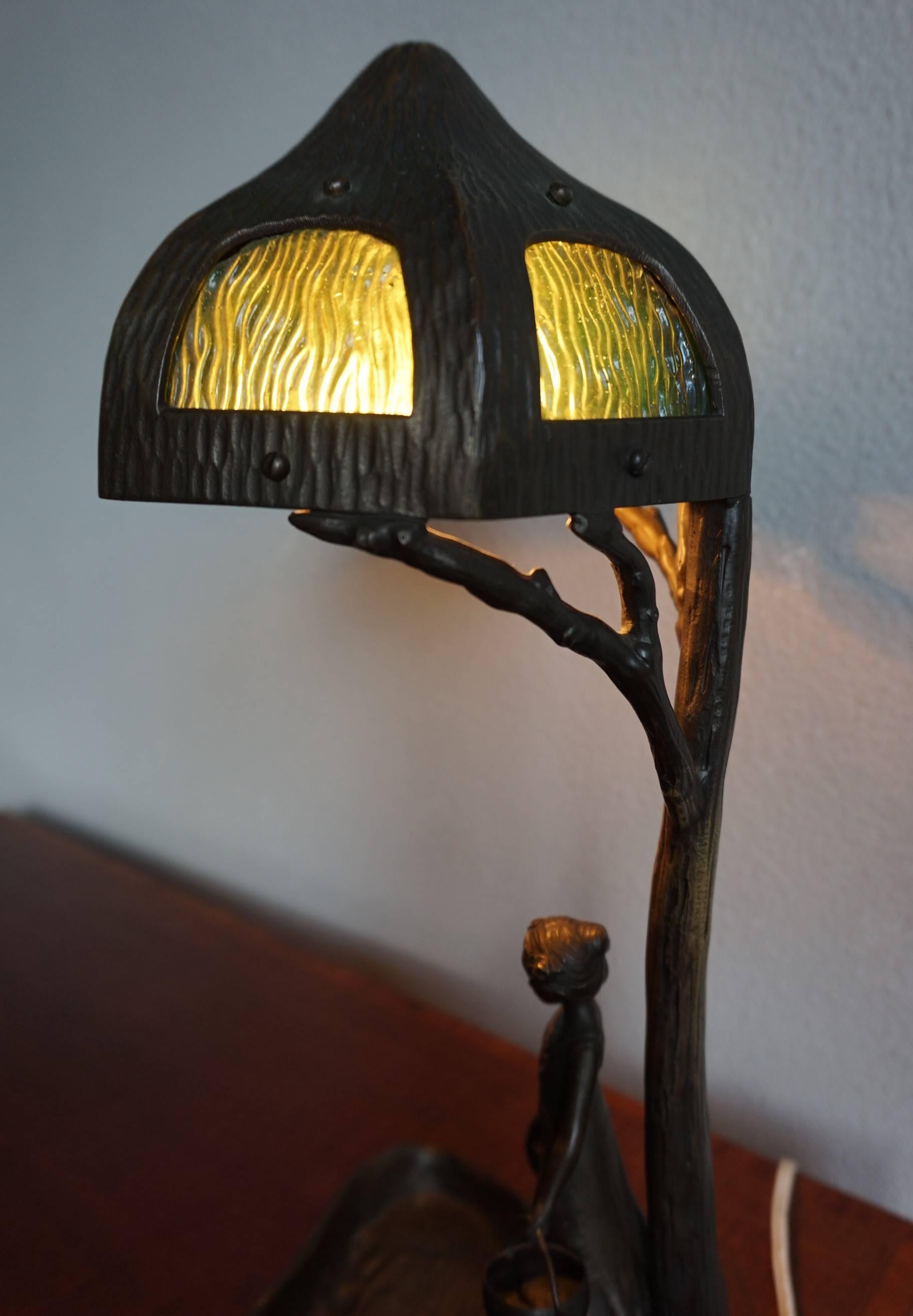 Antique Bronze & Glass Jugendstil Table & Desk Lamp W. Lady under Tree Sculpture In Excellent Condition In Lisse, NL