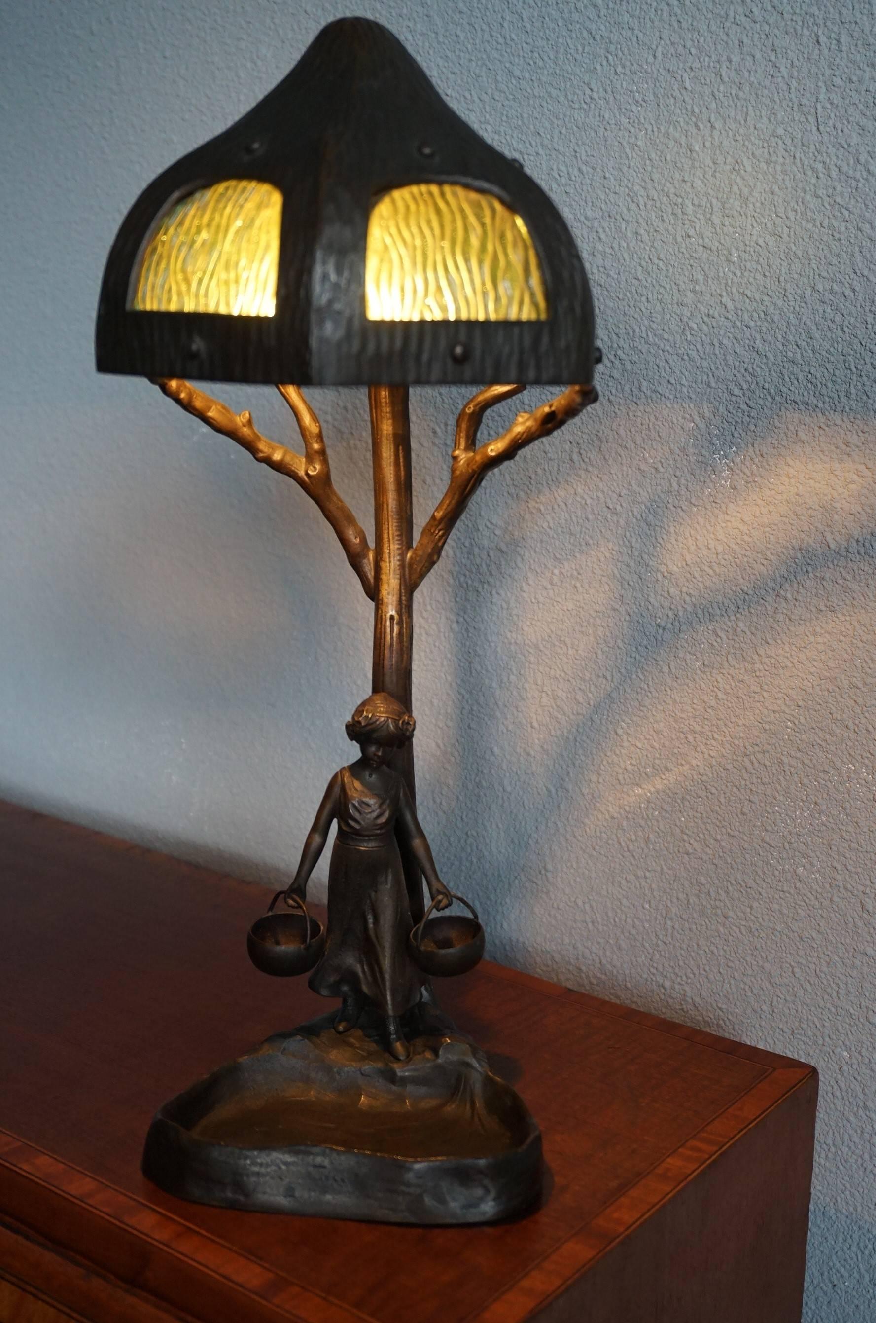 19th Century Antique Bronze & Glass Jugendstil Table & Desk Lamp W. Lady under Tree Sculpture