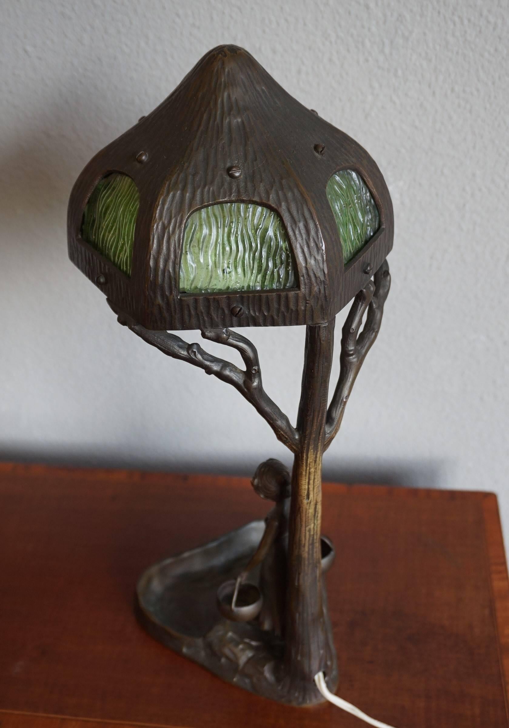Antique Bronze & Glass Jugendstil Table & Desk Lamp W. Lady under Tree Sculpture 1