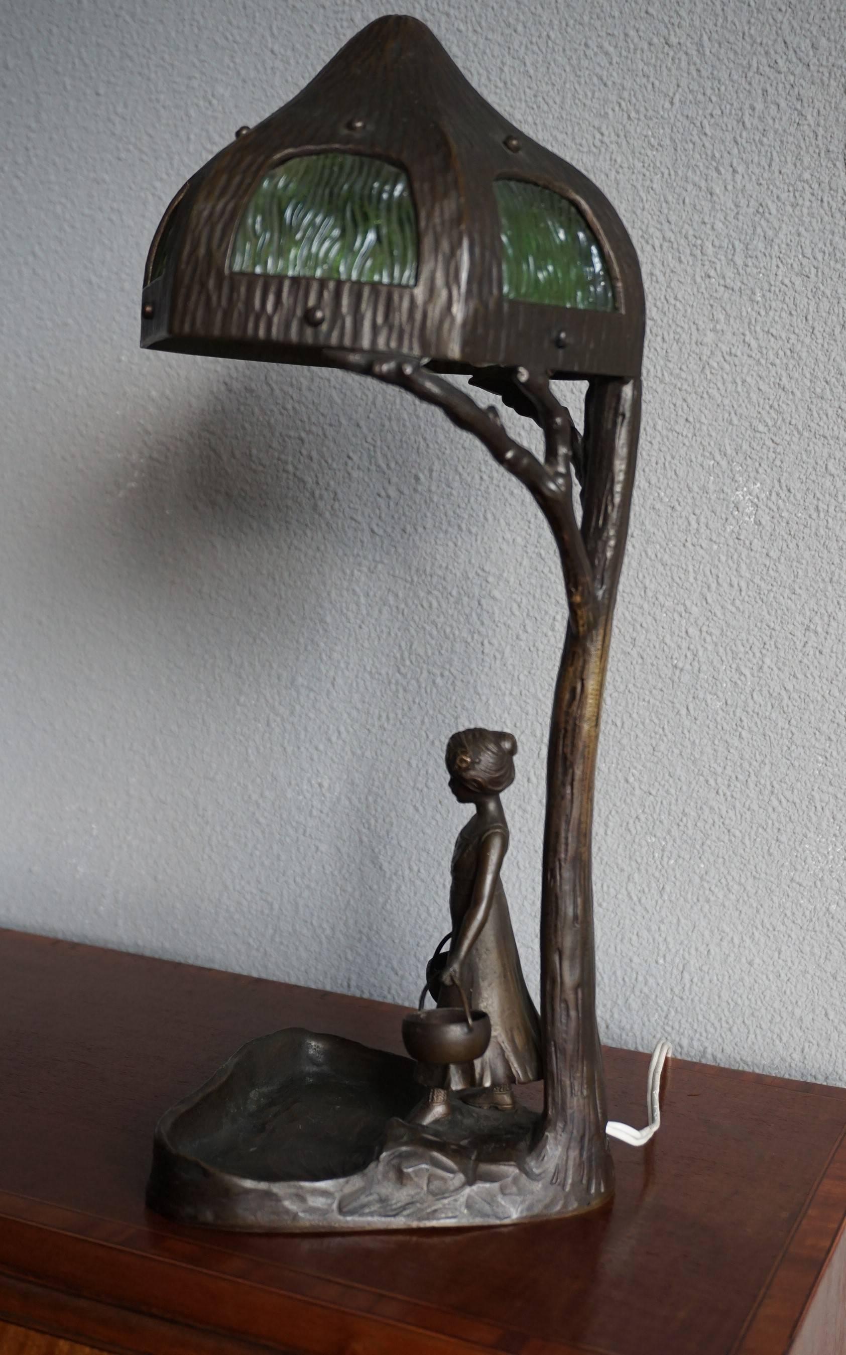 Antique Bronze & Glass Jugendstil Table & Desk Lamp W. Lady under Tree Sculpture 2