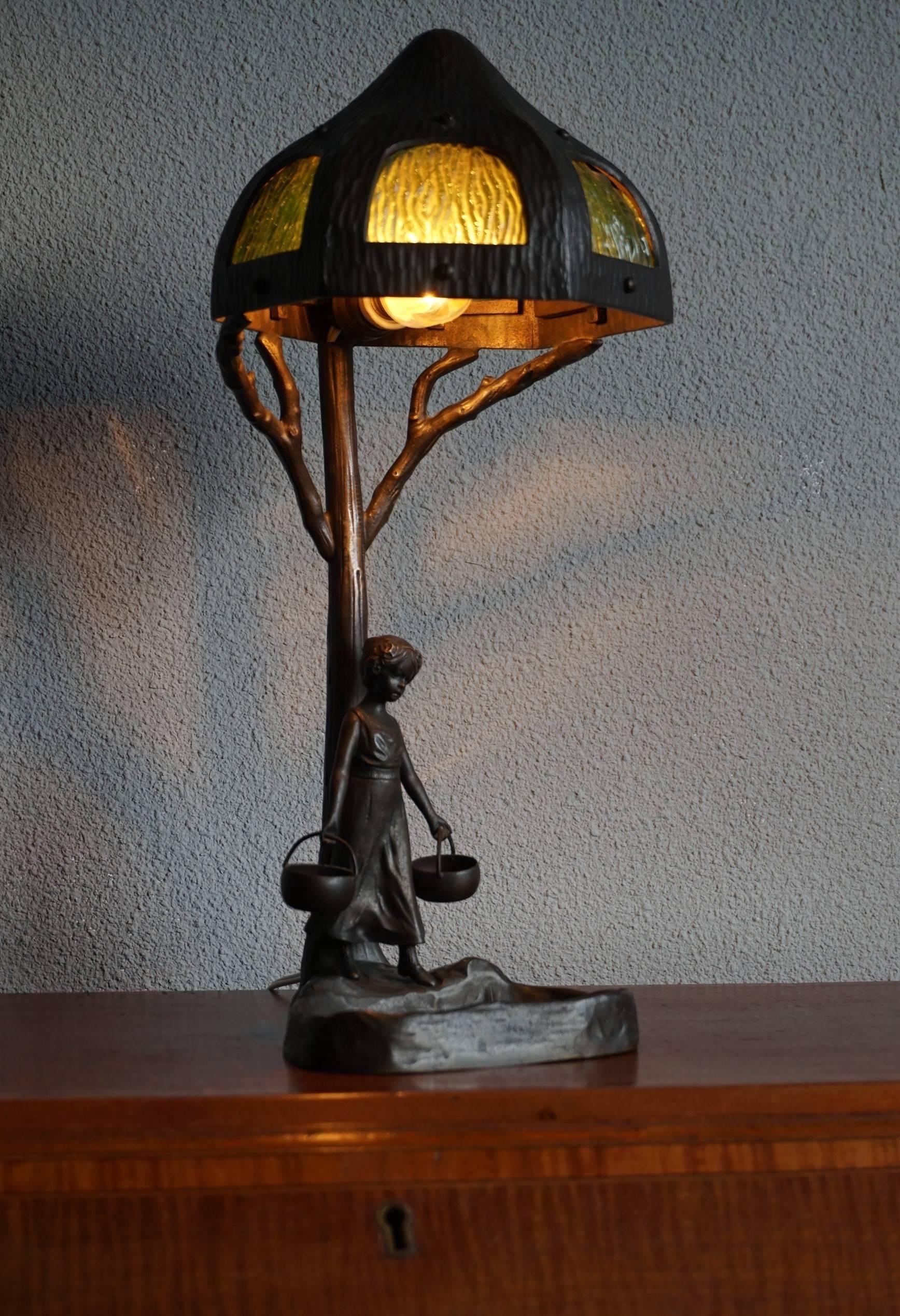 Antique Bronze & Glass Jugendstil Table & Desk Lamp W. Lady under Tree Sculpture 4