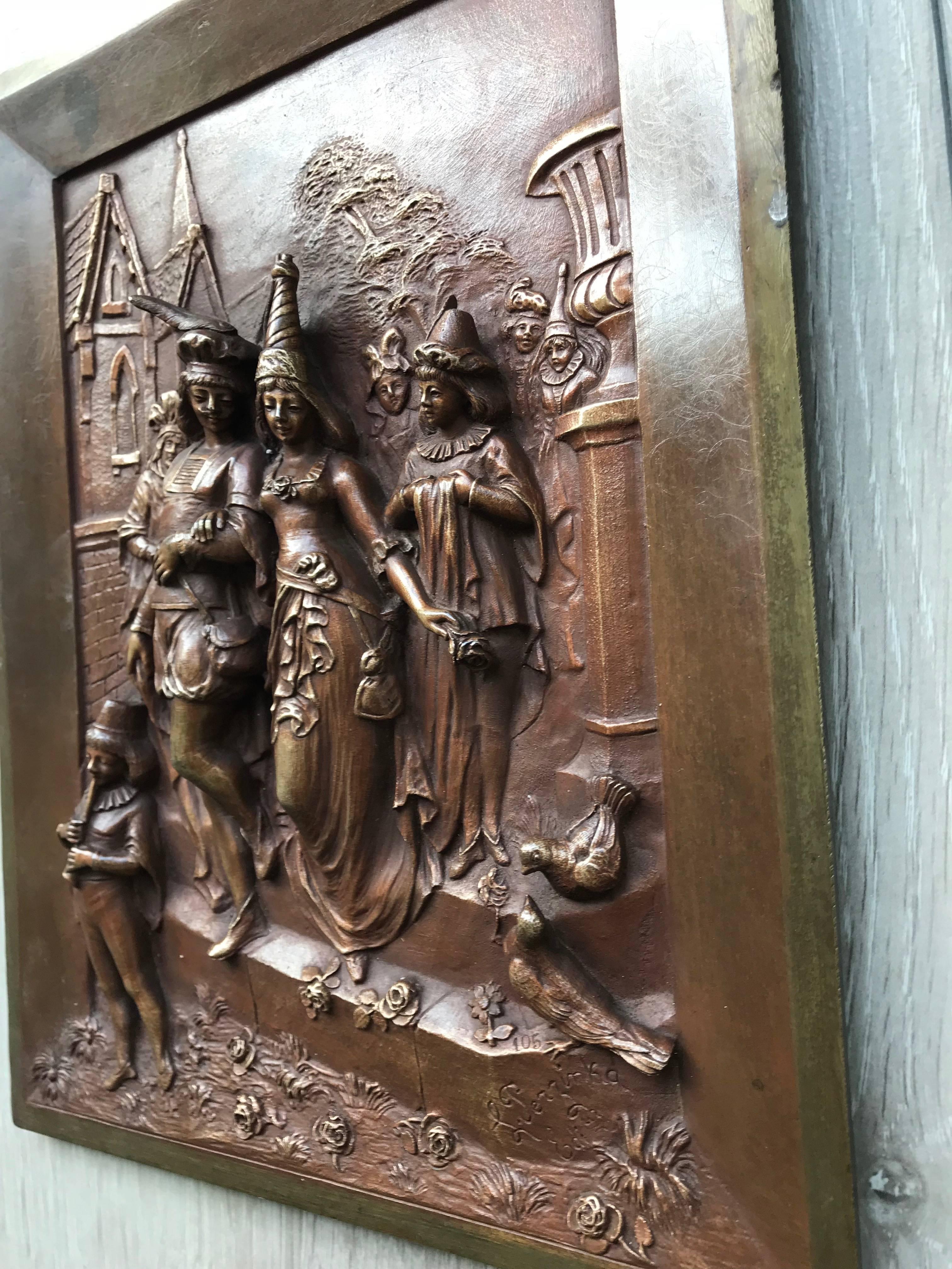 19th Century Late 1800s Bronze Wall Plaque by Leon Perzinka, Depicting Marriage Scene/Party