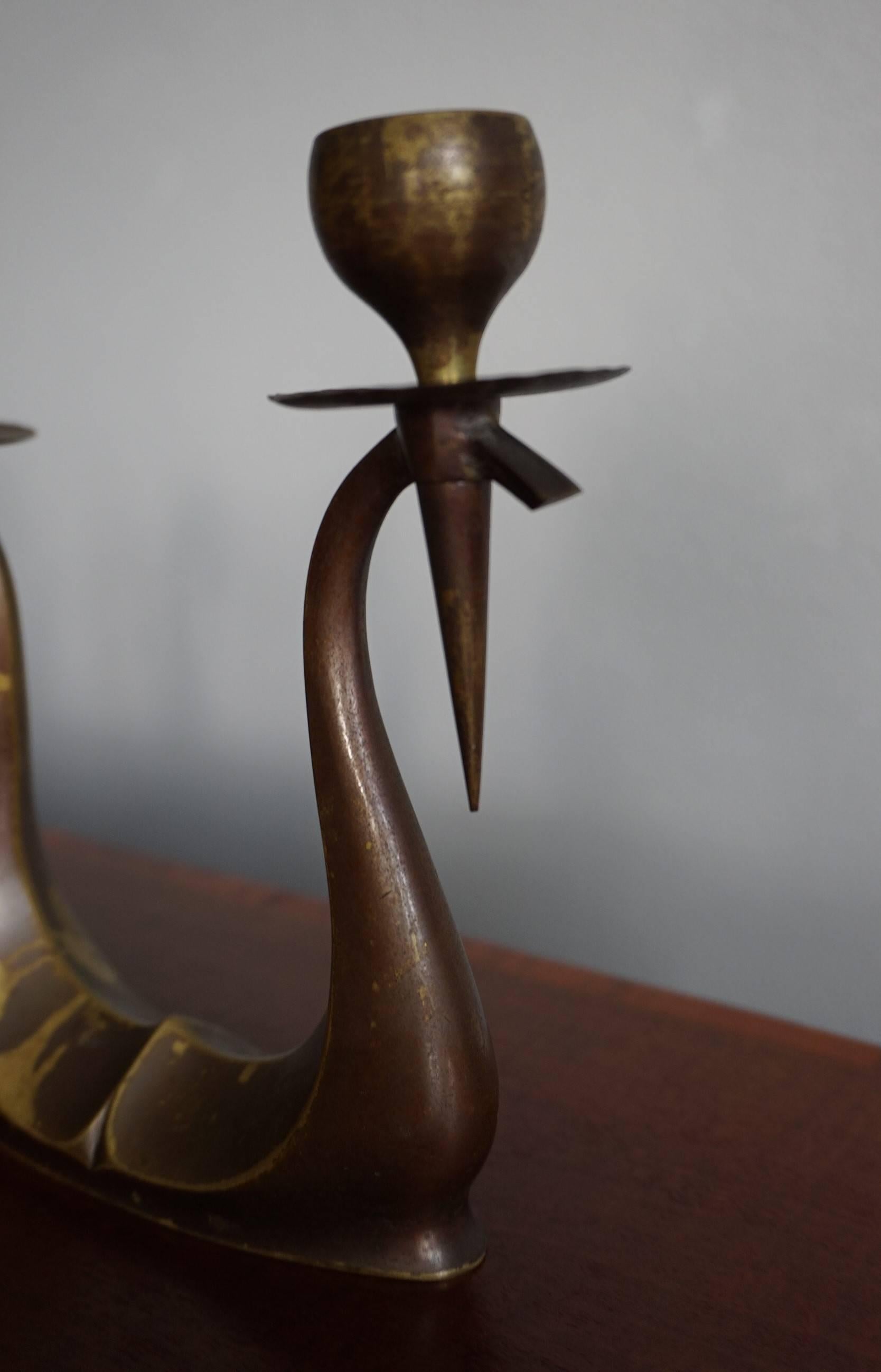Cast Early 20th Century Small Pair of Bronze Arts & Crafts Double Candlesticks