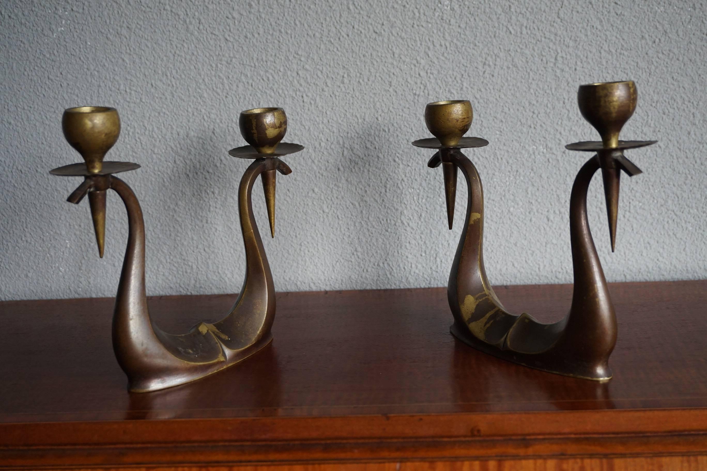 Early 20th Century Small Pair of Bronze Arts & Crafts Double Candlesticks 1