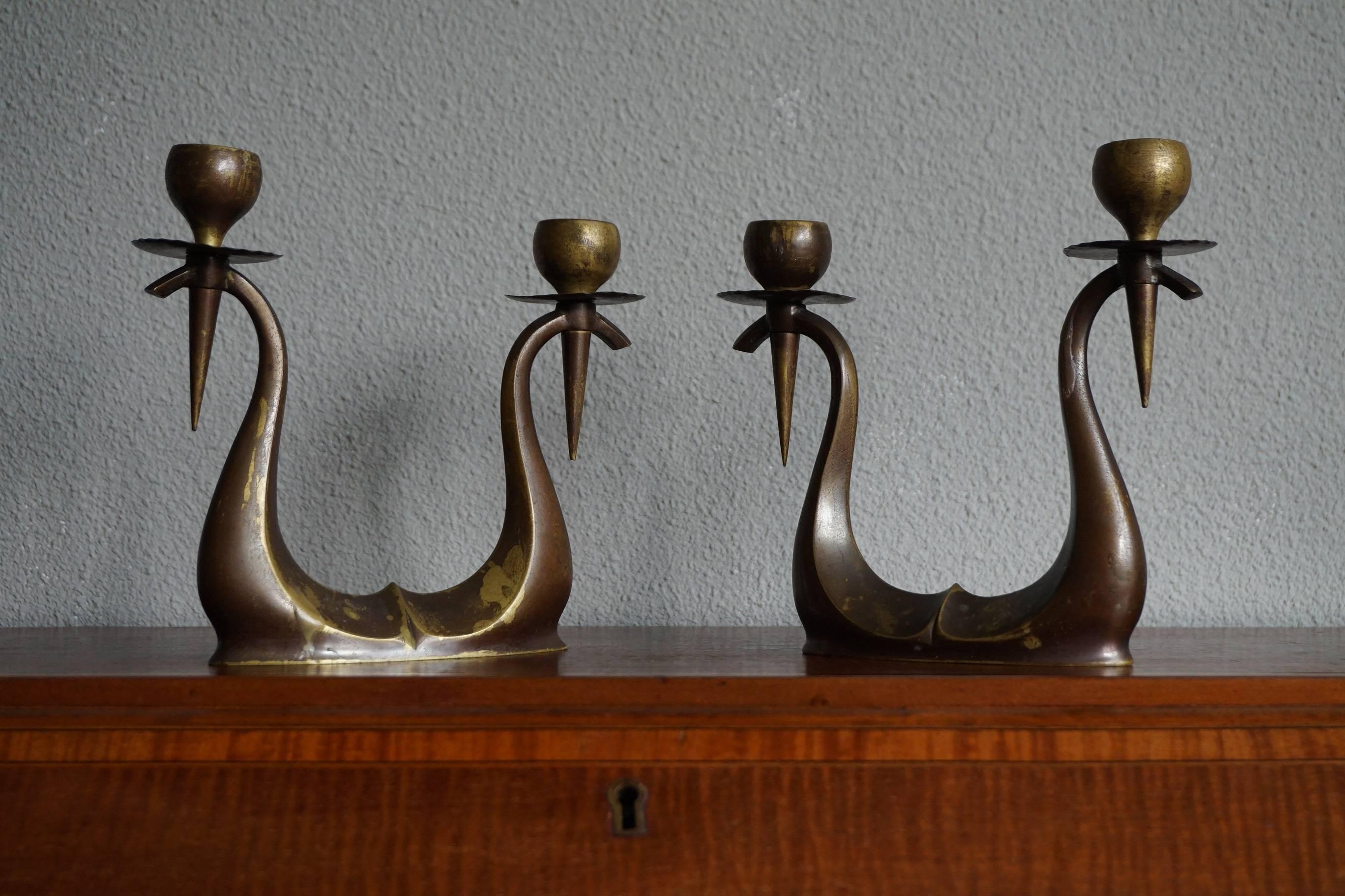 Early 20th Century Small Pair of Bronze Arts & Crafts Double Candlesticks 2