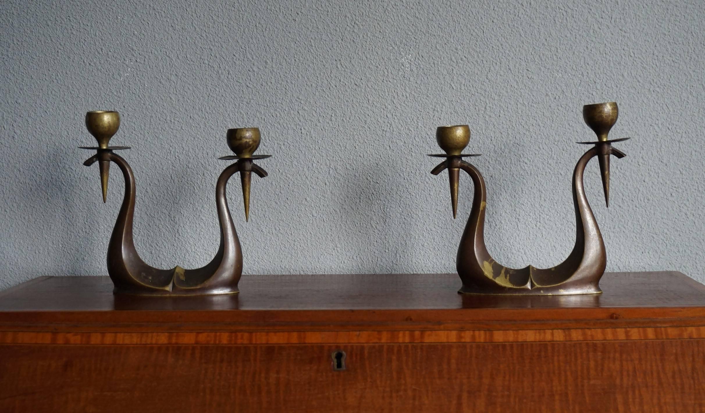 Early 20th Century Small Pair of Bronze Arts & Crafts Double Candlesticks 3