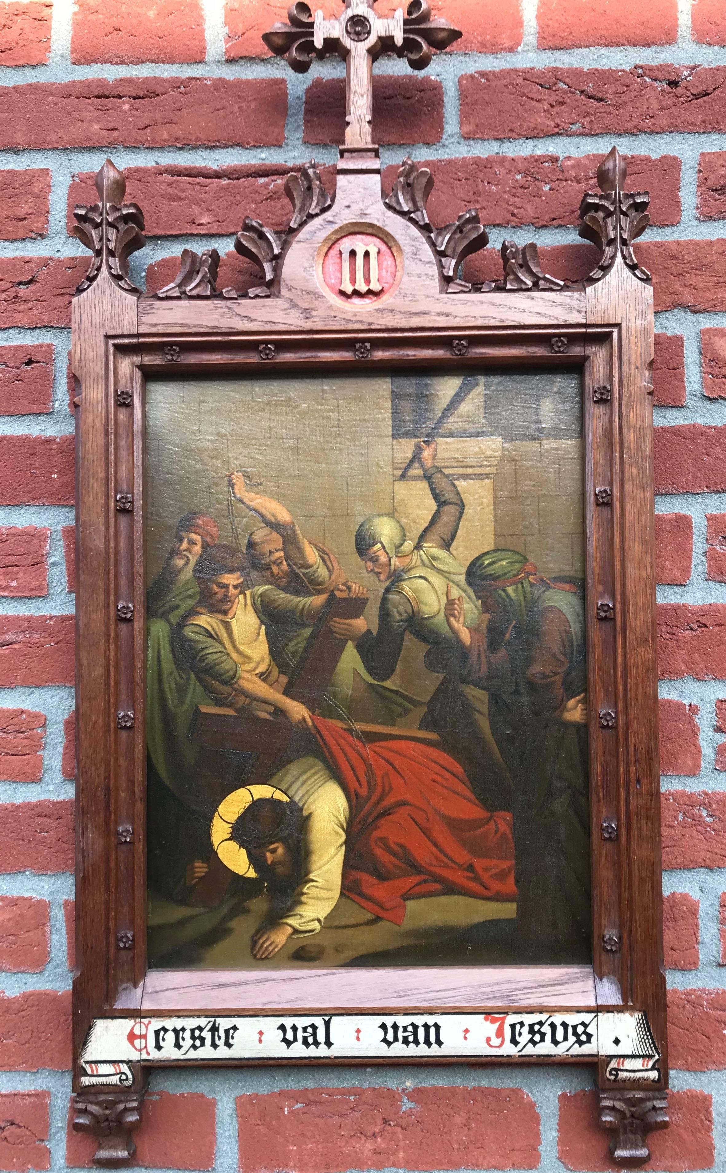 Another stunning religious work of art.

This polychrome painting on metal depicts Jesus as he falls for the first time under the weight of the cross. The vicious soldiers can't wait to give him a beating and make things even more tragic. The